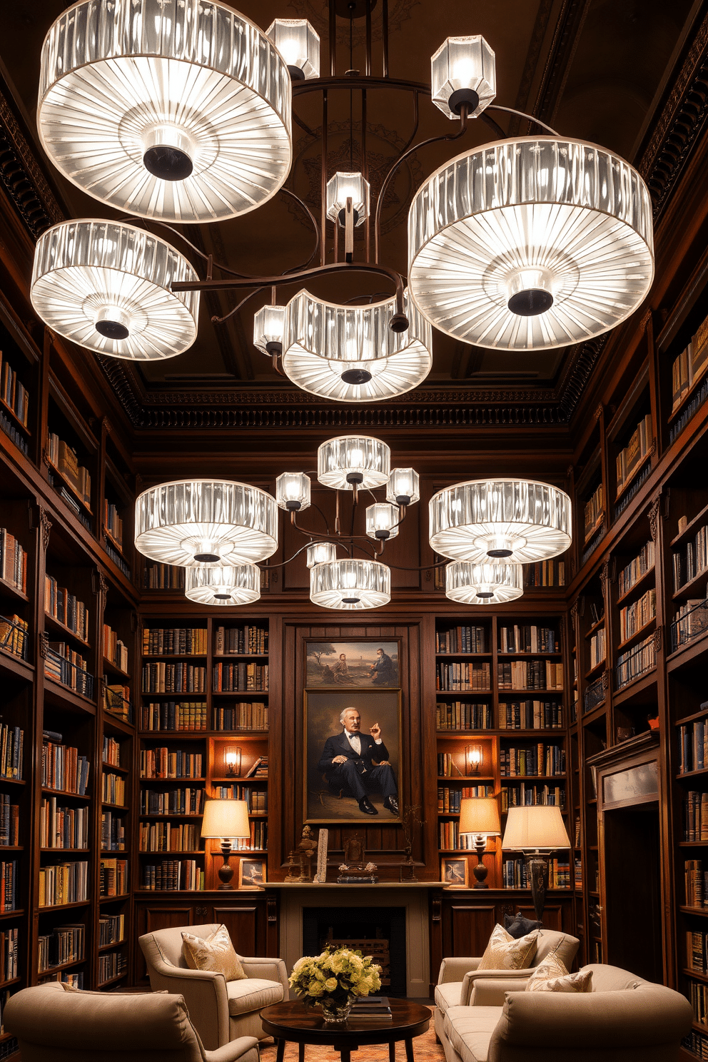 A luxurious home library features artistic light fixtures that serve as a stunning focal point, casting a warm glow throughout the space. The room is adorned with rich wooden bookshelves filled with an extensive collection of books, while plush seating invites relaxation and contemplation.