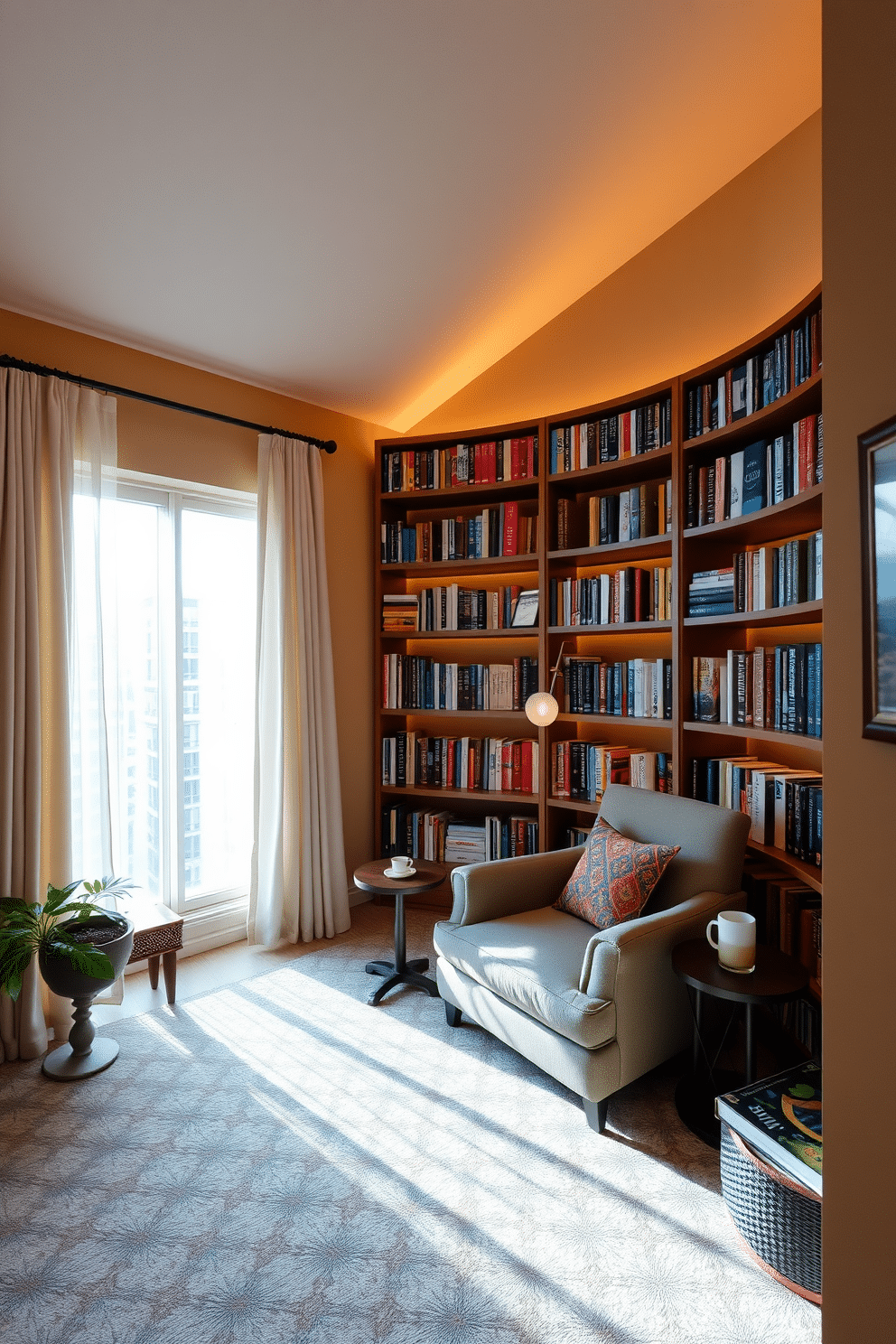 A cozy home library featuring open shelving that showcases an array of books, neatly organized by color and size. A comfortable reading nook is positioned nearby, with a plush armchair and a small side table for a cup of tea. The walls are painted in a warm, inviting hue, complemented by soft, ambient lighting that creates a relaxing atmosphere. A large window allows natural light to flood the space, with sheer curtains that gently filter the sunlight.