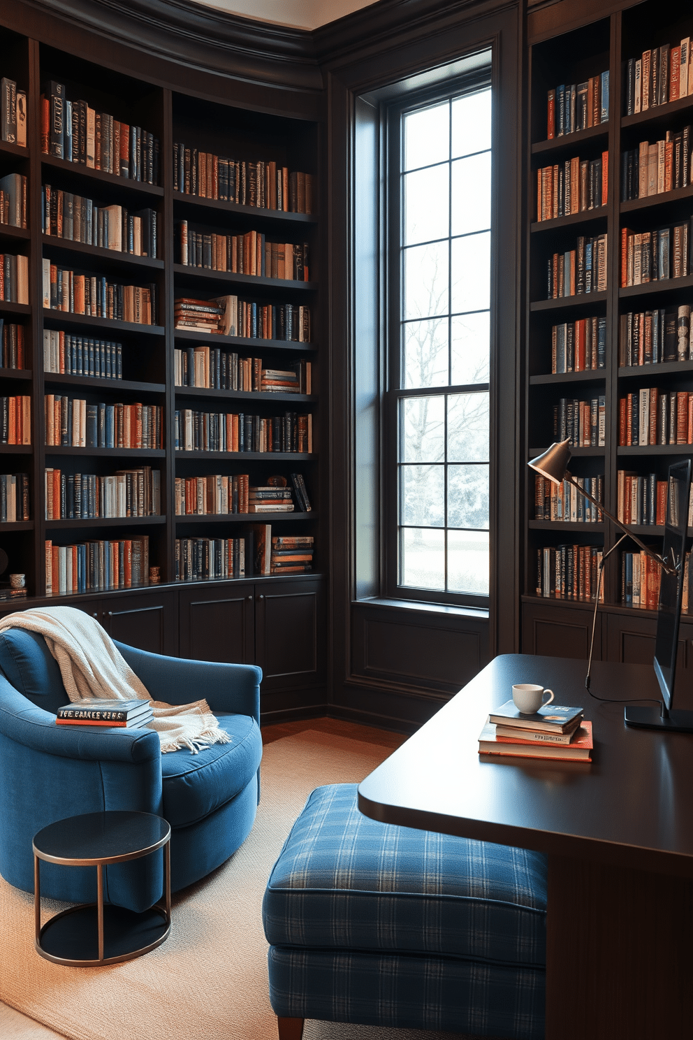 A cozy corner seating area designed for relaxation features a plush, oversized armchair upholstered in a rich, deep blue fabric, complemented by a matching ottoman. A small, round side table holds a stack of books and a steaming cup of tea, while a soft throw blanket drapes over the armchair. The home library study is designed with dark wood bookshelves that stretch from floor to ceiling, filled with an array of colorful books. A large window allows natural light to flood the room, illuminating a sleek, modern desk positioned in front of it, with a stylish desk lamp providing additional lighting for late-night reading or work.