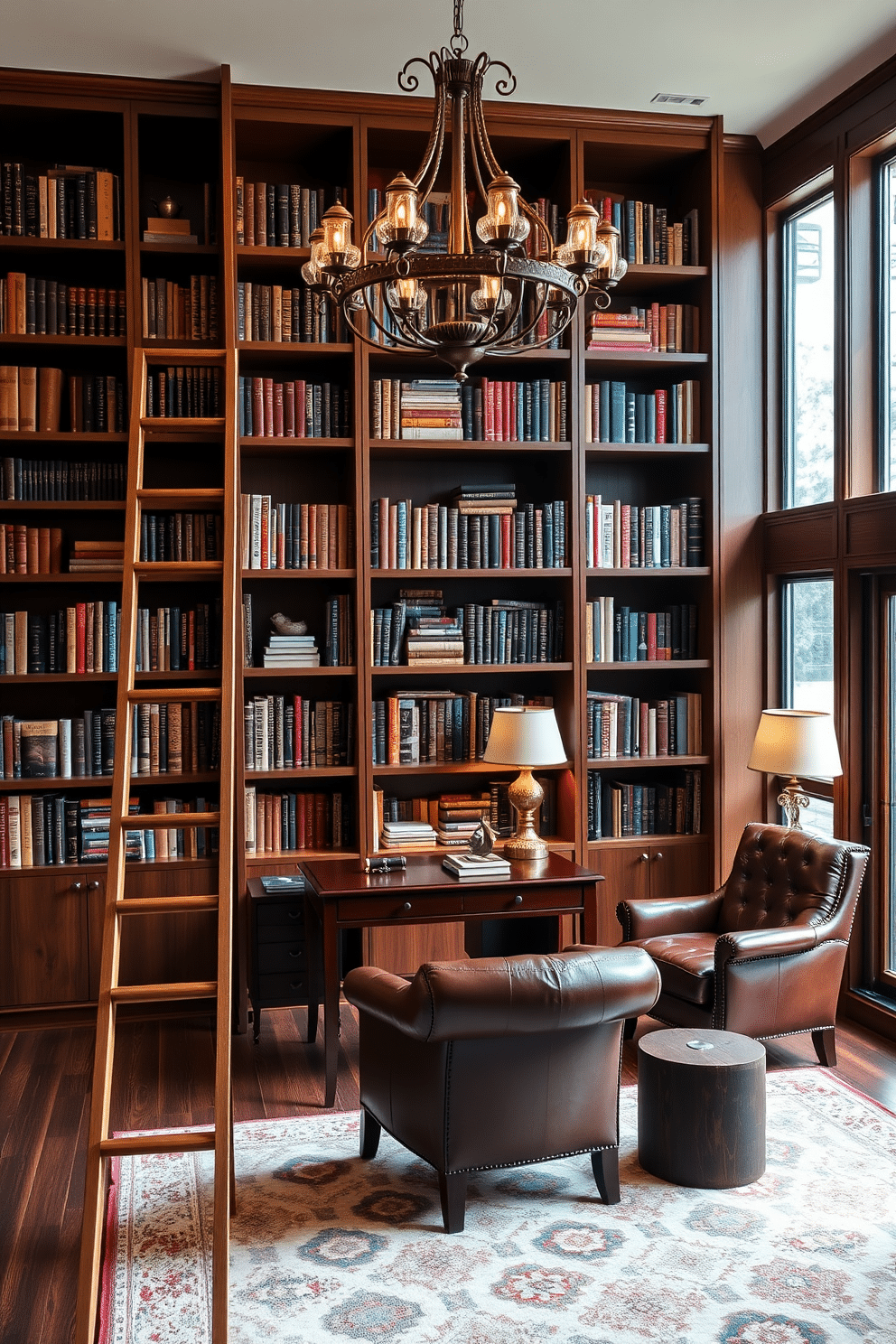 A personal library features a stylish wooden ladder that glides along a sleek, custom-built bookshelf filled with an array of books and decorative items. The room is adorned with rich, warm tones, including a deep mahogany desk and plush leather armchairs, creating an inviting atmosphere for reading and study. The study area is illuminated by soft, ambient lighting from a vintage-style chandelier, casting a warm glow over the space. A large window offers a view of the outdoors, while a cozy rug anchors the seating area, enhancing the overall comfort and elegance of the home library.