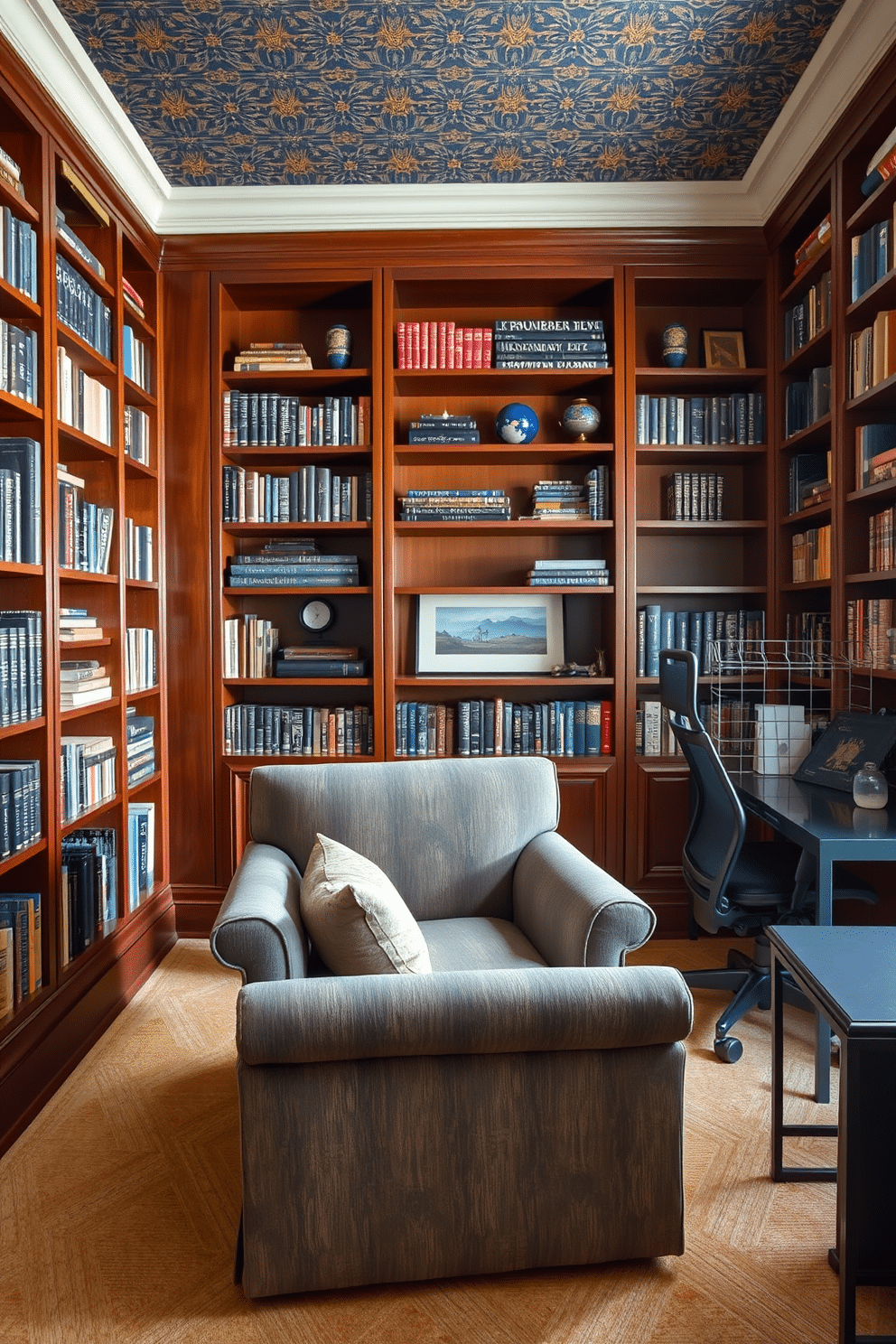 A cozy home library with bold, patterned wallpaper featuring deep blue and gold accents. The room is filled with floor-to-ceiling bookshelves made of rich mahogany, showcasing a curated selection of books and decorative items. In the center, a plush, oversized armchair upholstered in a complementary fabric invites relaxation. A sleek, modern desk sits against the opposite wall, paired with a stylish ergonomic chair, perfect for studying or reading.