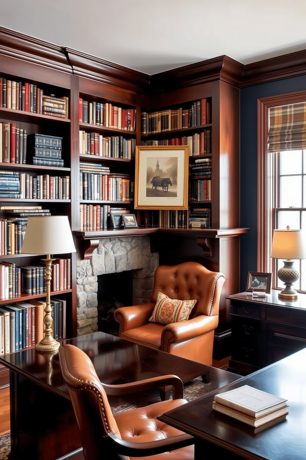 A cozy home library study featuring a classic wooden bookshelf filled with an array of books. In the center, a plush leather armchair is positioned near a stone fireplace, creating a warm and inviting reading nook. The walls are painted in a deep navy blue, accented by soft gold trim. A large window allows natural light to filter in, illuminating a dark wood desk adorned with a vintage lamp and a few decorative items.