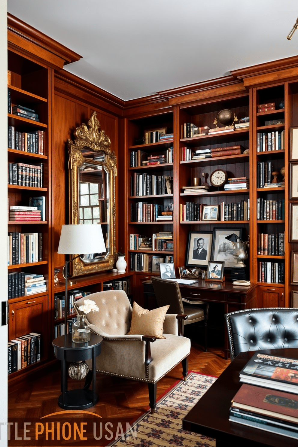 A cozy home library features rich wooden bookshelves that stretch from floor to ceiling, filled with an array of books and decorative items. A large, ornate mirror hangs above a plush reading chair, reflecting natural light from a nearby window and creating an inviting atmosphere. The study area includes a sleek desk made of dark wood, paired with a comfortable leather chair. A stylish floor lamp provides additional lighting, while framed art pieces adorn the walls, enhancing the creative vibe of the space.