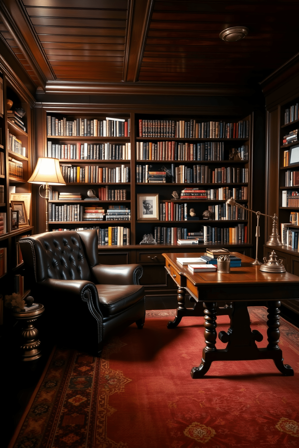 A cozy home library featuring dark wood paneling that exudes a classic and timeless atmosphere. The room is furnished with a large, tufted leather armchair and a vintage wooden desk, creating an inviting space for reading and study. Bookshelves line the walls, filled with an array of books and decorative items, adding character to the room. A warm area rug in rich tones anchors the space, while soft lighting from a stylish floor lamp enhances the inviting ambiance.