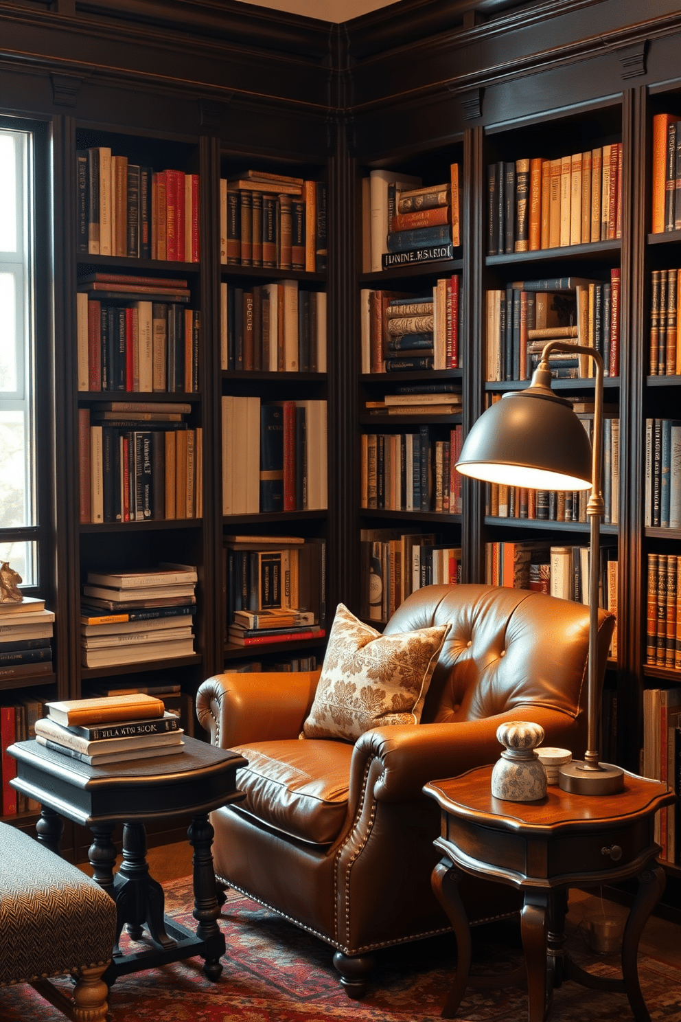 A cozy home library study with a warm atmosphere. The walls are lined with dark wooden bookshelves filled with an eclectic mix of books and decorative items. In the center, a plush leather armchair is paired with a vintage wooden side table. Soft, ambient lighting from a stylish floor lamp creates an inviting reading nook.