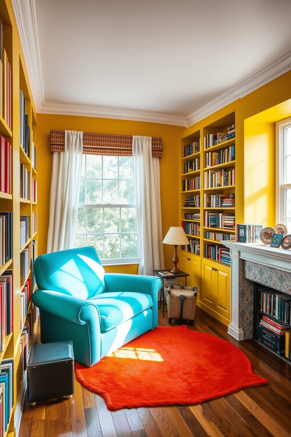 A vibrant home library that energizes the space with bright colors. The walls are painted in a cheerful yellow, and bookshelves filled with colorful books create a lively backdrop. A cozy reading nook features a plush, oversized armchair upholstered in a bold turquoise fabric. A large window with sheer white curtains allows natural light to flood in, while a bright orange rug adds warmth to the wooden floor.