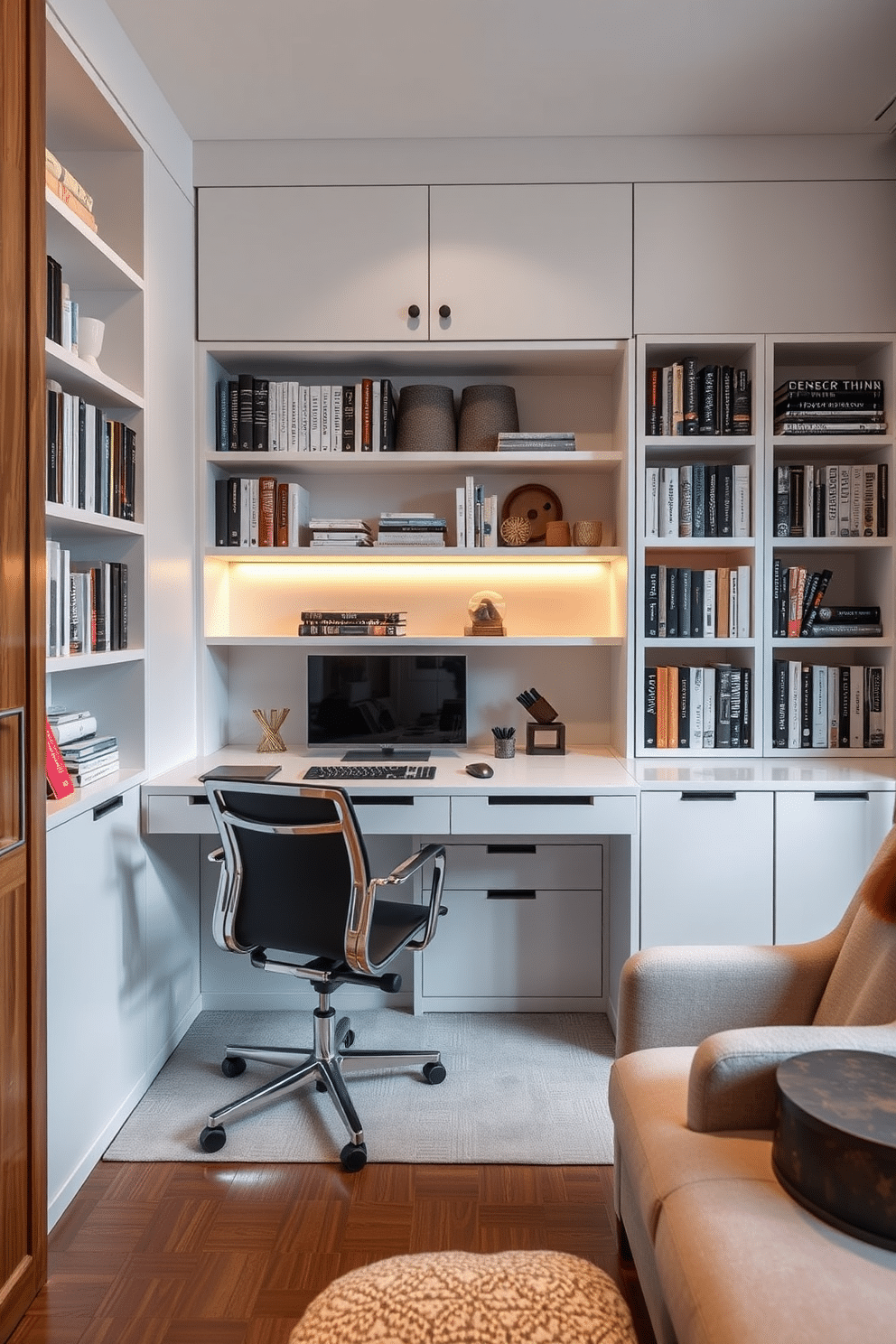 A compact study area featuring a sleek, multifunctional desk that can be folded away when not in use. The desk is paired with a stylish, ergonomic chair that doubles as extra seating for guests. Bookshelves are integrated into the walls, maximizing vertical space while displaying a curated collection of books and decorative items. Soft, ambient lighting creates a warm atmosphere, complemented by a cozy reading nook with a plush armchair and a small side table.