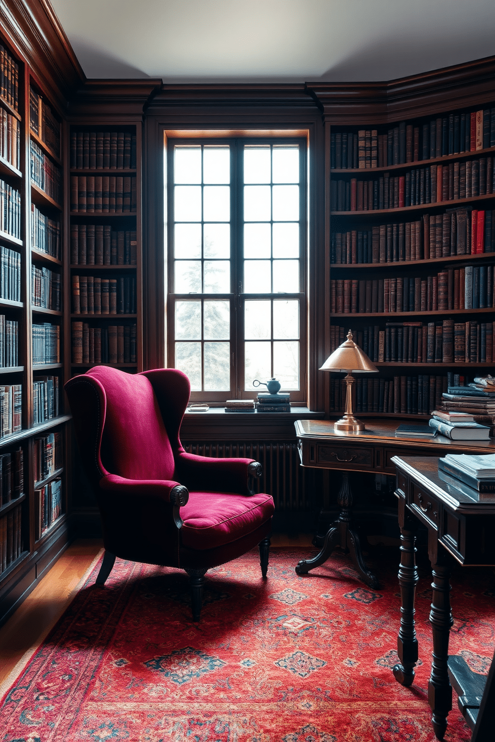 A vintage armchair upholstered in rich burgundy fabric sits elegantly in the corner of a cozy home library. Surrounding the chair are tall bookshelves filled with leather-bound volumes, and a warm, inviting rug lies beneath it, adding to the timeless atmosphere. The study features a classic wooden desk with intricate carvings, paired with a brass desk lamp that casts a soft glow. Large windows allow natural light to flood the space, illuminating the rich wood tones and the eclectic decor that reflects a love for literature.