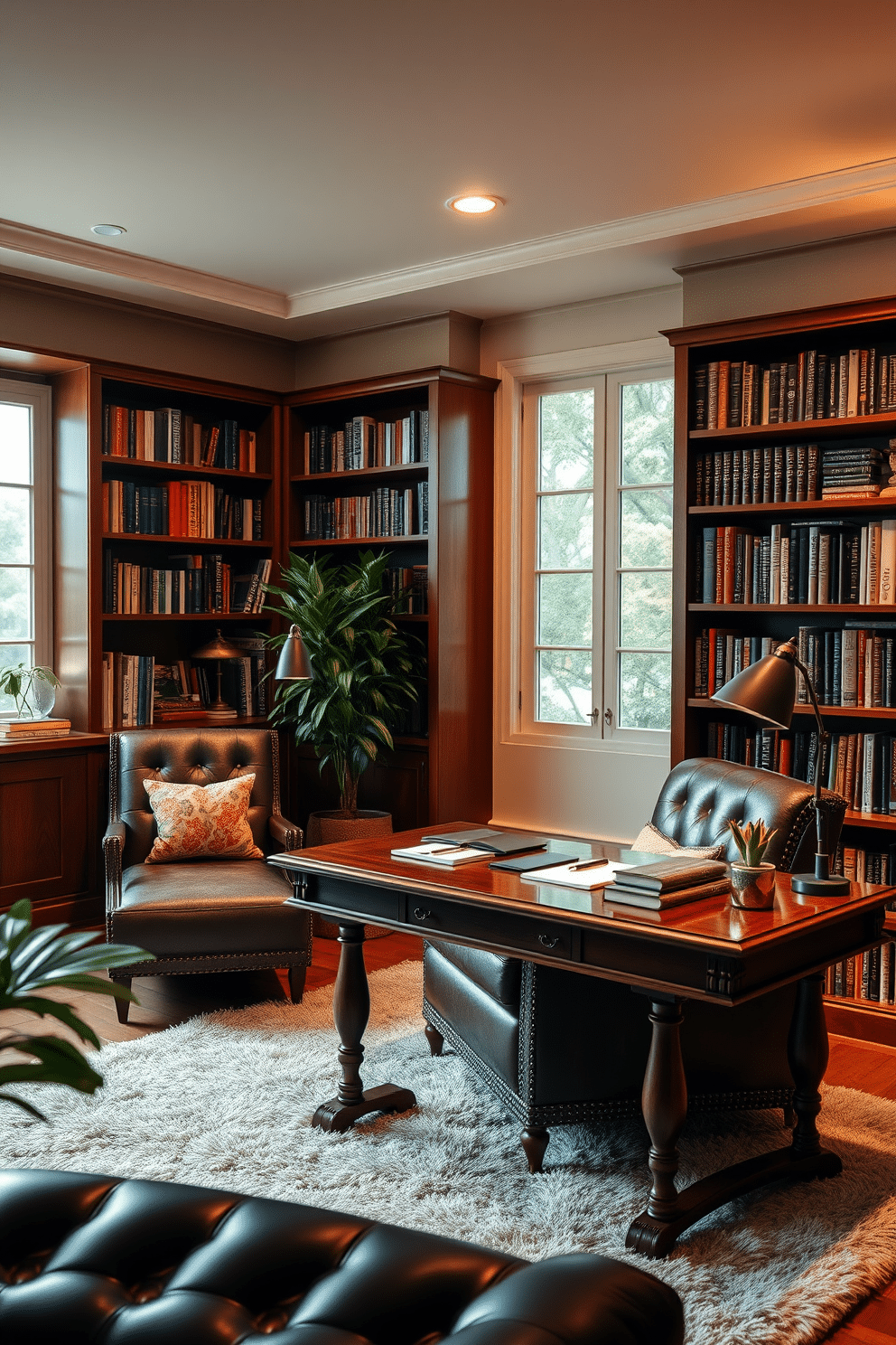 A cozy home library study with soft, ambient lighting that creates a warm and inviting atmosphere. The room features rich wooden bookshelves filled with an array of books, and a comfortable leather armchair positioned near a large window, allowing natural light to filter in. A stylish desk made of dark wood sits adjacent to the armchair, adorned with elegant stationery and a small potted plant. The walls are painted in a warm beige tone, and a plush area rug lies beneath the desk, adding to the overall comfort of the space.