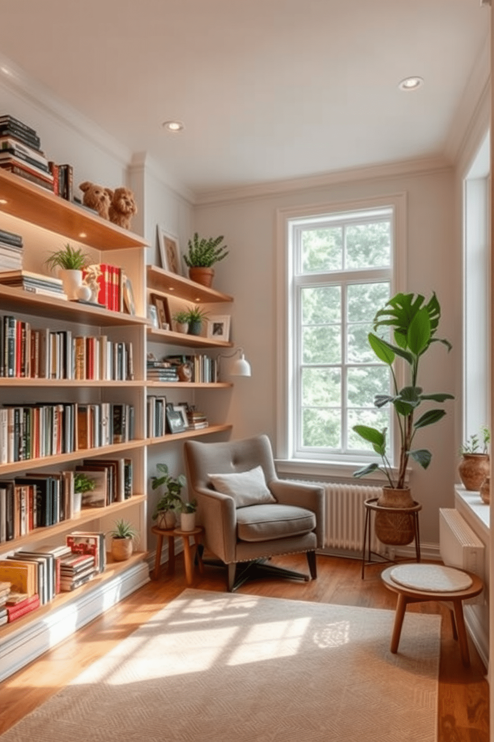 A cozy home library featuring floating shelves that save floor space, creating an open and airy atmosphere. The shelves are filled with an eclectic mix of books, decorative items, and potted plants, enhancing the inviting ambiance. A plush reading nook is nestled in one corner, complete with a comfortable armchair and a small side table for drinks. Soft, warm lighting illuminates the space, while a large window allows natural light to flood in, making it the perfect spot for reading and study.