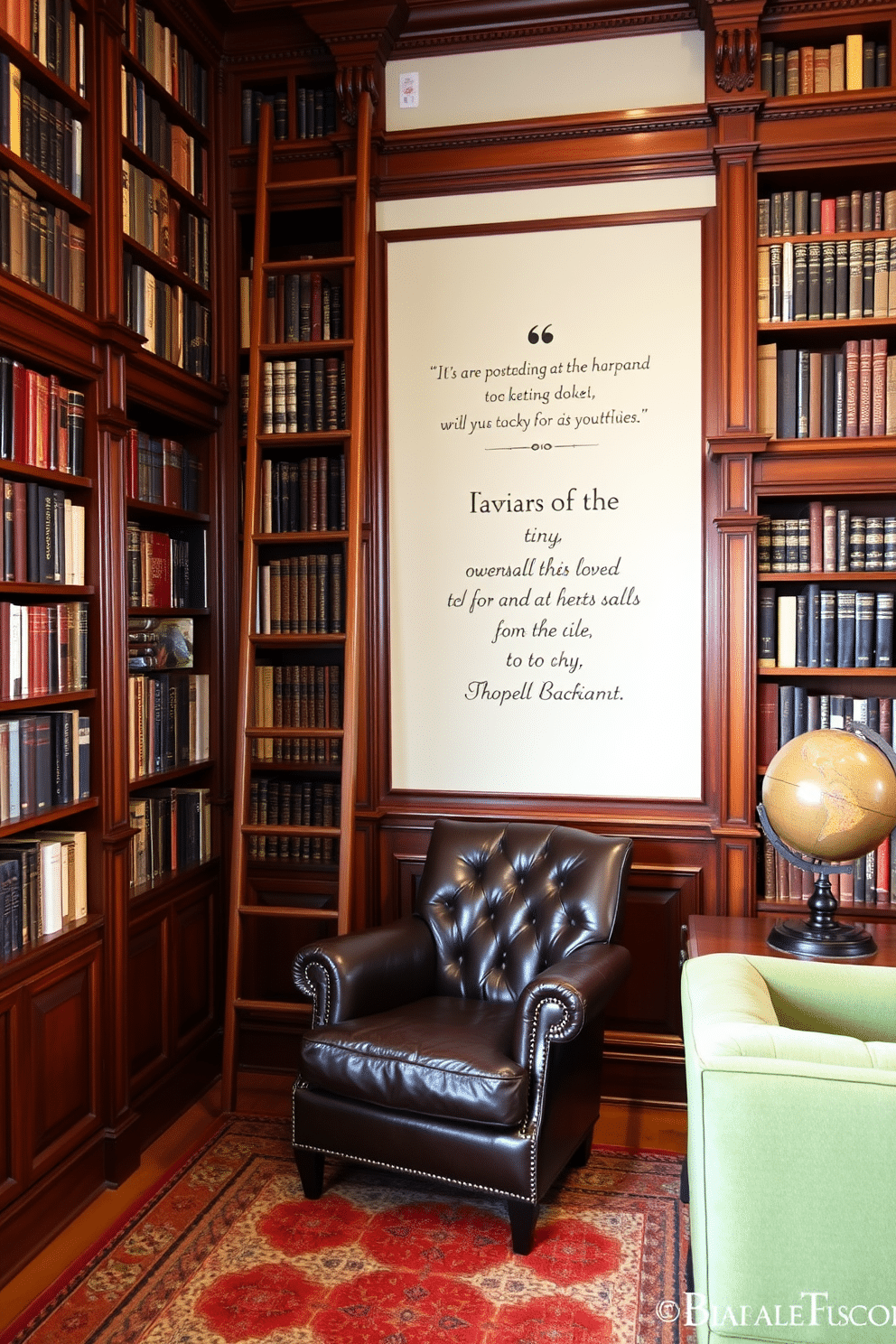 A stylish ladder leans against a set of high bookshelves, crafted from rich mahogany with intricate detailing. The library features warm lighting, creating an inviting atmosphere, with a plush leather armchair nestled in the corner for reading. The walls are adorned with classic literary quotes, and a vintage globe sits atop a nearby side table. A soft, patterned rug anchors the space, providing comfort underfoot as you explore the shelves filled with well-loved books.