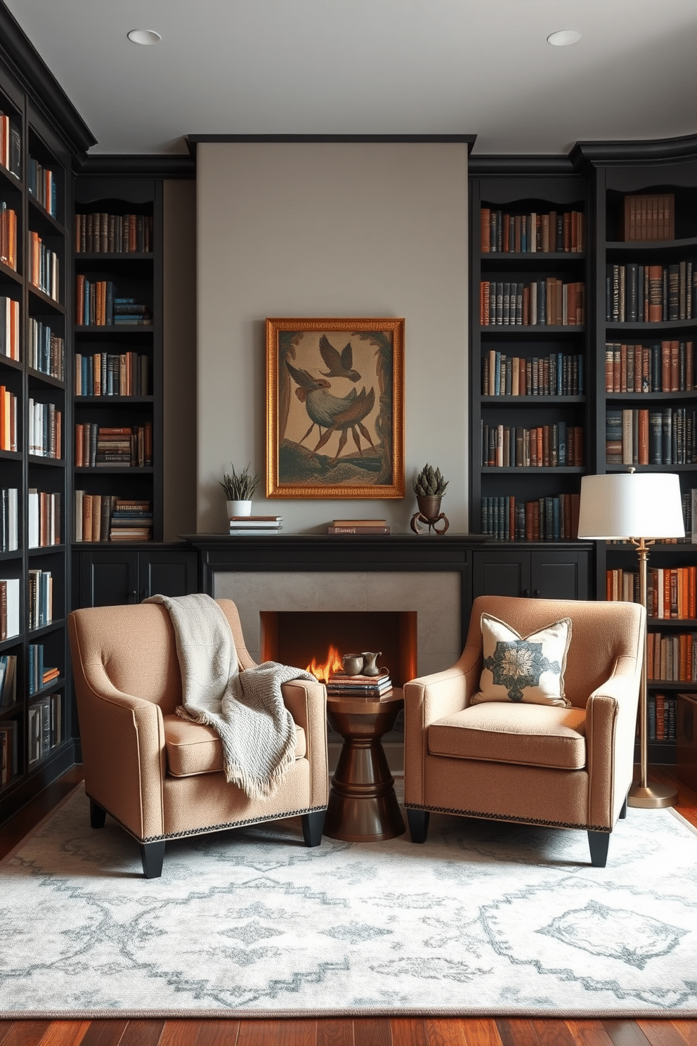 Cozy armchairs are positioned around a warm, inviting fireplace nook, creating a perfect spot for relaxation. The chairs are upholstered in soft, textured fabrics, while a plush throw blanket drapes over one of the armrests. In the home library, dark wooden shelves line the walls, filled with an extensive collection of books. A large area rug anchors the space, and a comfortable reading lamp stands beside the armchairs, casting a soft glow for evening reading.