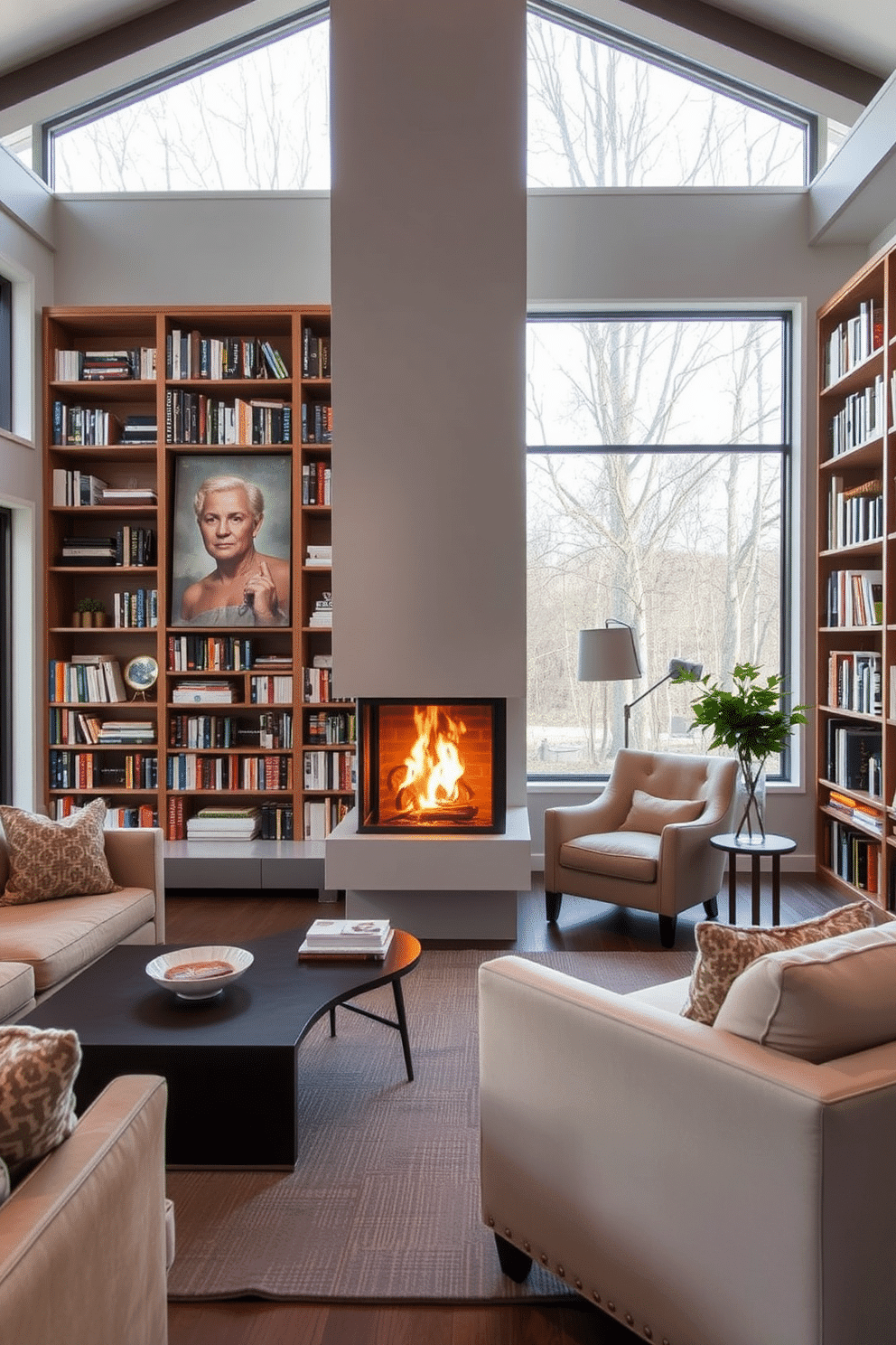 An open layout living space features a modern fireplace as the focal point, surrounded by comfortable seating in neutral tones. Large windows allow natural light to flood the area, enhancing the warm ambiance created by the flickering flames. The home library is designed with built-in bookshelves lining the walls, showcasing an extensive collection of books and decorative items. A cozy reading nook is positioned near the fireplace, complete with a plush armchair and a small side table for a cup of tea.