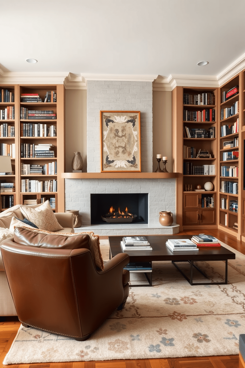 A cozy home library featuring a neutral color palette accented with warm tones. The space includes a large, plush sofa in a soft beige, paired with a rich brown leather armchair, and a wooden coffee table adorned with books and decorative items. A modern fireplace with a sleek stone surround serves as the focal point, creating a warm and inviting atmosphere. Floor-to-ceiling bookshelves line the walls, filled with an eclectic mix of books and personal artifacts, while a soft area rug adds texture and warmth to the hardwood floor.