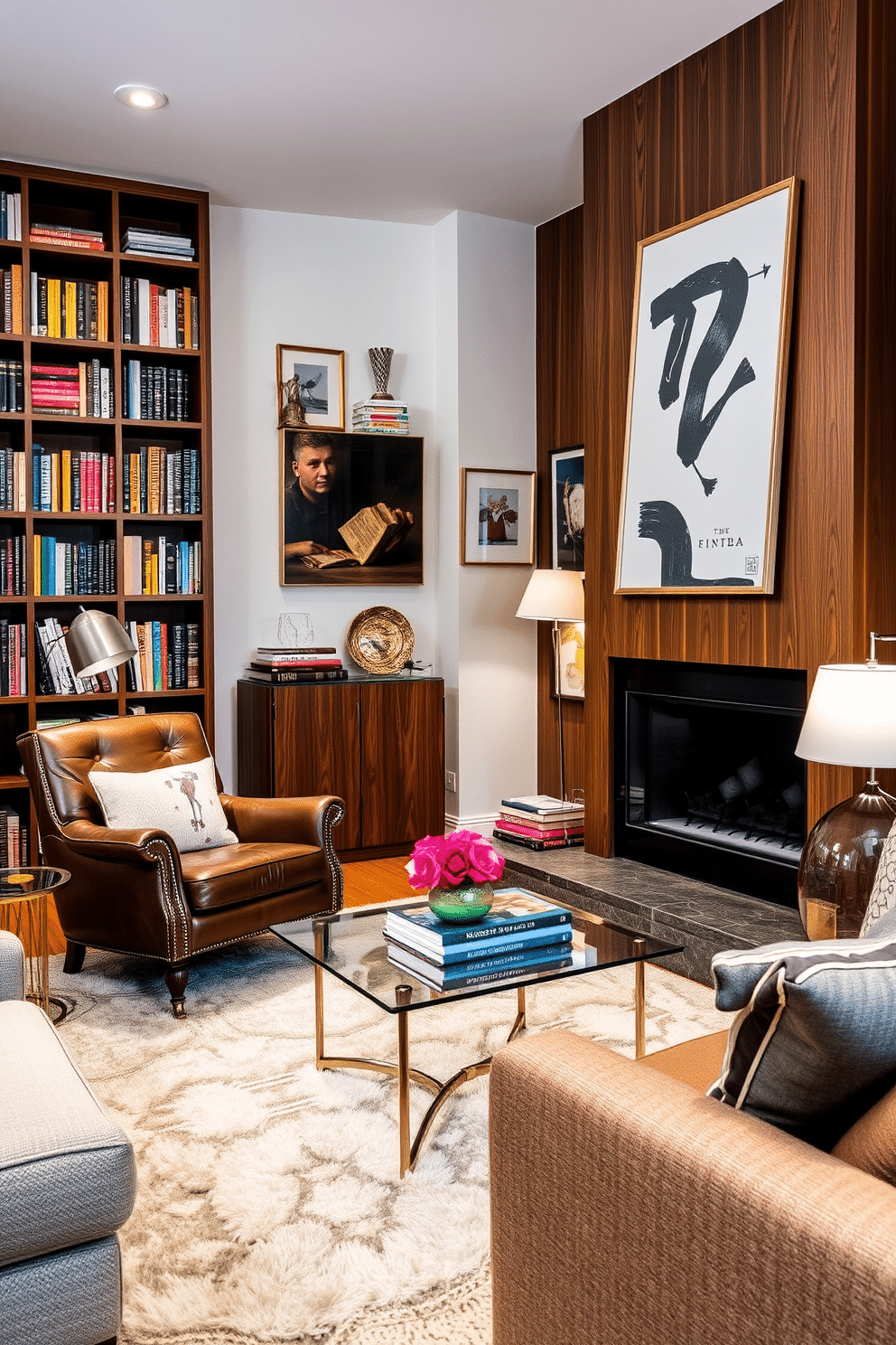 A cozy home library featuring an eclectic mix of furniture styles, with a vintage leather armchair paired with a modern glass coffee table. A wooden bookshelf filled with colorful books lines one wall, while a sleek, contemporary fireplace adds warmth and ambiance to the space. The room is adorned with an assortment of decor, including abstract art pieces and a plush area rug that ties the design together. Soft lighting from stylish floor lamps creates an inviting atmosphere, perfect for reading and relaxation.