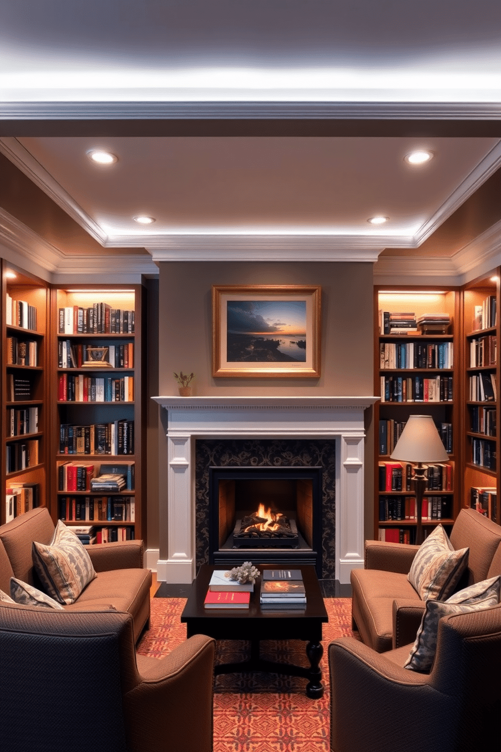 A cozy home library featuring recessed lighting that highlights the bookshelves, creating a warm and inviting ambiance. The space includes a classic fireplace surrounded by comfortable seating, perfect for curling up with a good book on chilly evenings.