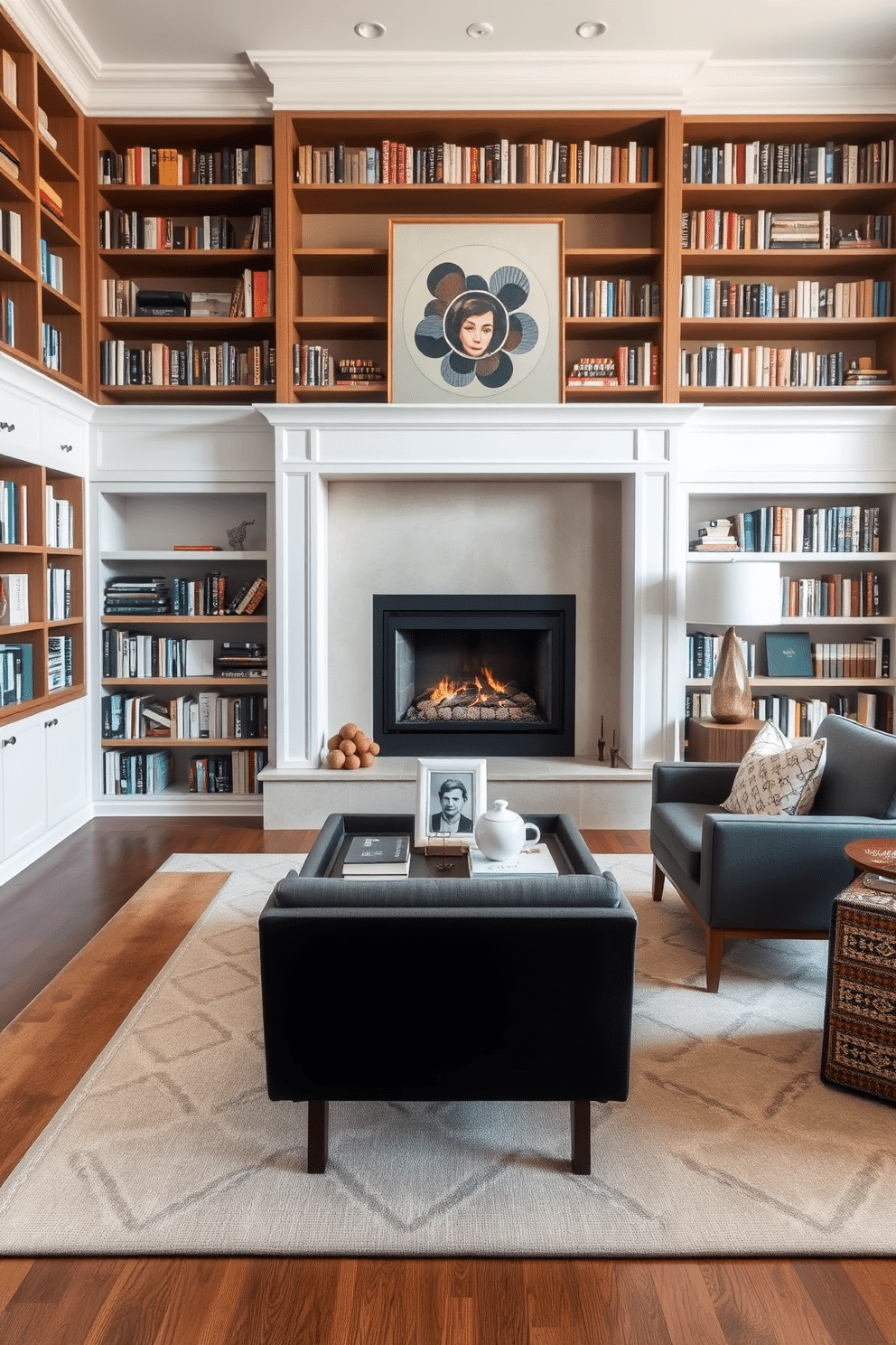 Chic area rug defining the reading space. The rug features an intricate geometric pattern in soft earth tones, perfectly complementing the rich wooden flooring. Home library with fireplace design ideas. The library boasts floor-to-ceiling bookshelves filled with books, while a modern fireplace adds warmth and coziness to the inviting reading nook.