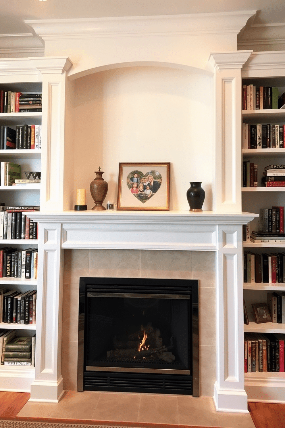 A cozy home library features built-in shelving that elegantly surrounds a sleek, modern fireplace. The shelves are filled with an array of books, decorative items, and personal mementos, creating a warm and inviting atmosphere.