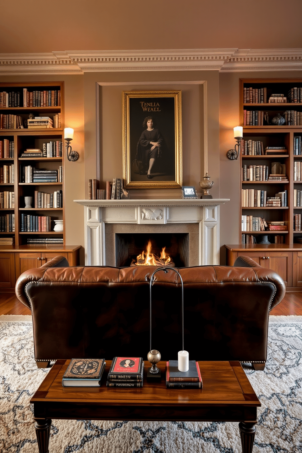 A classic leather sofa in rich brown faces a grand fireplace, framed by elegant built-in bookshelves filled with an array of books and decorative items. The walls are painted in a warm taupe, creating a cozy atmosphere, while a plush area rug adds texture underfoot. Soft lighting from antique sconces illuminates the room, enhancing the inviting ambiance. A wooden coffee table sits in front of the sofa, adorned with a stack of books and a decorative candle, inviting relaxation and conversation.