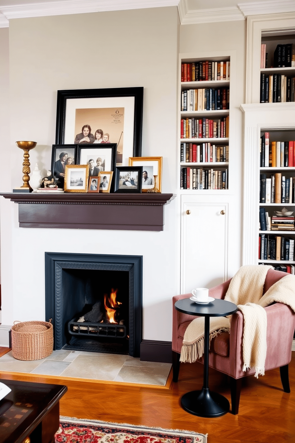 A cozy fireplace sits at the center of the room, adorned with a stunning mantelpiece display featuring an array of carefully curated decorative items and framed photographs. The mantel is painted in a rich, deep color that contrasts beautifully with the light-toned walls, creating an inviting focal point. Adjacent to the fireplace, a home library exudes warmth and sophistication, with floor-to-ceiling bookshelves filled with an eclectic collection of books. A plush armchair, draped with a soft throw, invites relaxation, while a small side table holds a steaming cup of tea, perfect for enjoying a quiet reading session by the fire.