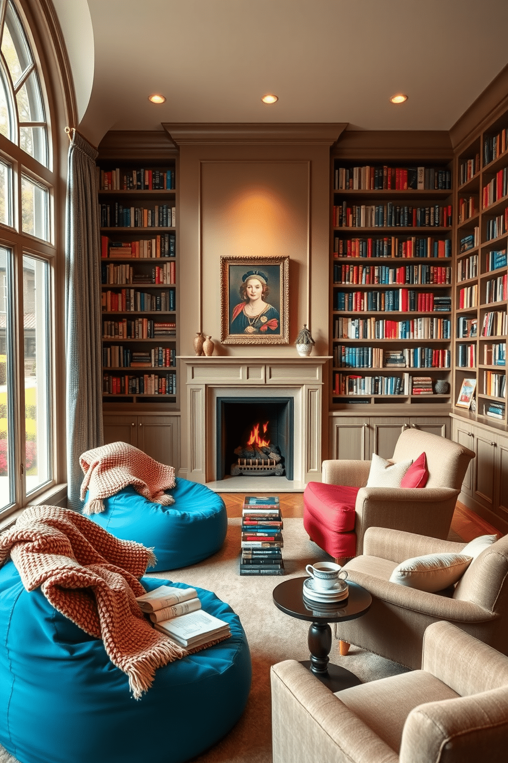 A cozy reading nook featuring oversized bean bags in vibrant colors, positioned around a large window that allows natural light to flood the space. Soft, textured throw blankets are draped over the bean bags, and a small side table holds a stack of books and a steaming cup of tea. An elegant home library designed around a central fireplace, with built-in bookshelves lining the walls filled with an array of books. Plush armchairs are arranged near the fireplace, accompanied by a soft area rug and warm lighting that creates an inviting atmosphere for reading and relaxation.