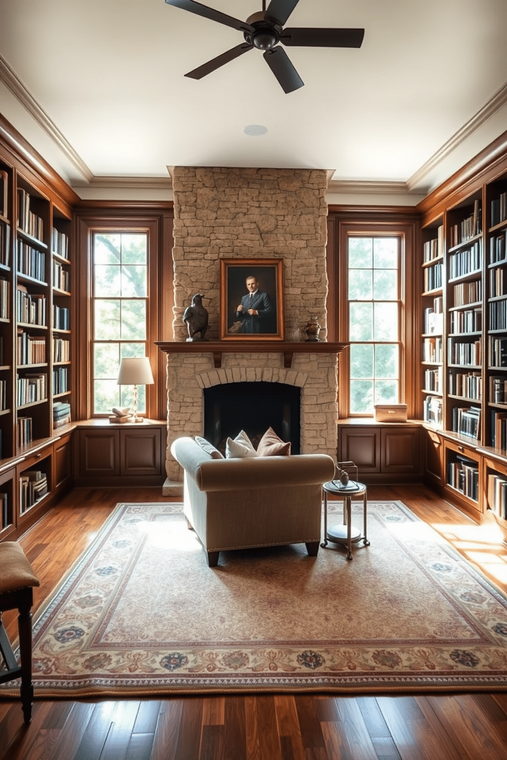 A cozy home library filled with warmth and character. Large windows allow natural light to flood the space, illuminating the rich wooden bookshelves that line the walls. In the center, a plush armchair is positioned near a classic stone fireplace, creating an inviting reading nook. Soft, neutral tones dominate the decor, complemented by a patterned area rug that adds a touch of elegance to the hardwood floor.