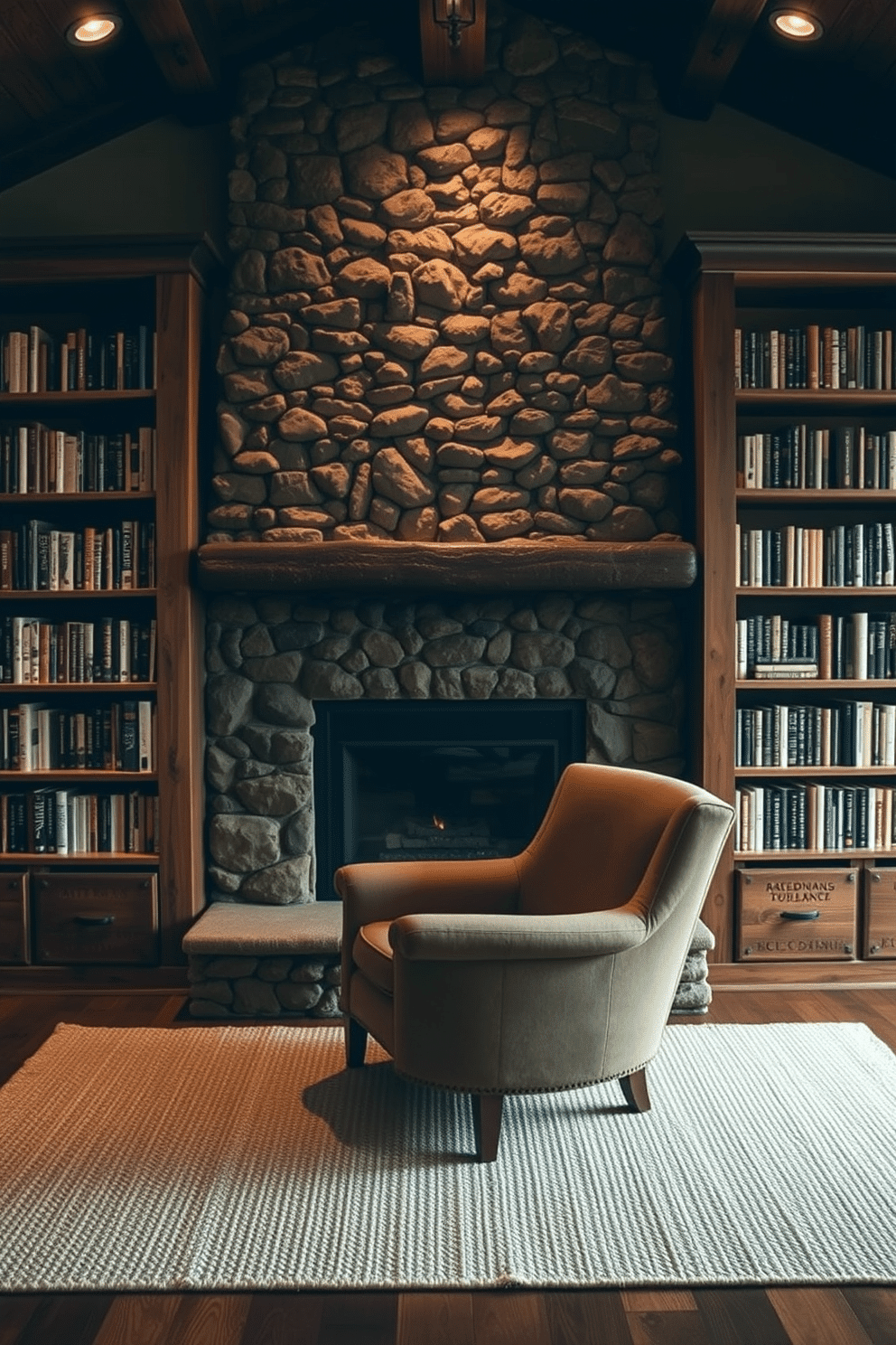 A cozy home library features bookshelves crafted from reclaimed wood, elegantly framing a rustic stone fireplace at the center. The shelves are filled with an array of books, while a plush armchair sits invitingly in front of the fireplace, creating a perfect reading nook. Soft, warm lighting illuminates the space, highlighting the textures of the stone and wood. A woven rug lies underfoot, adding comfort and warmth to the inviting atmosphere of this tranquil retreat.