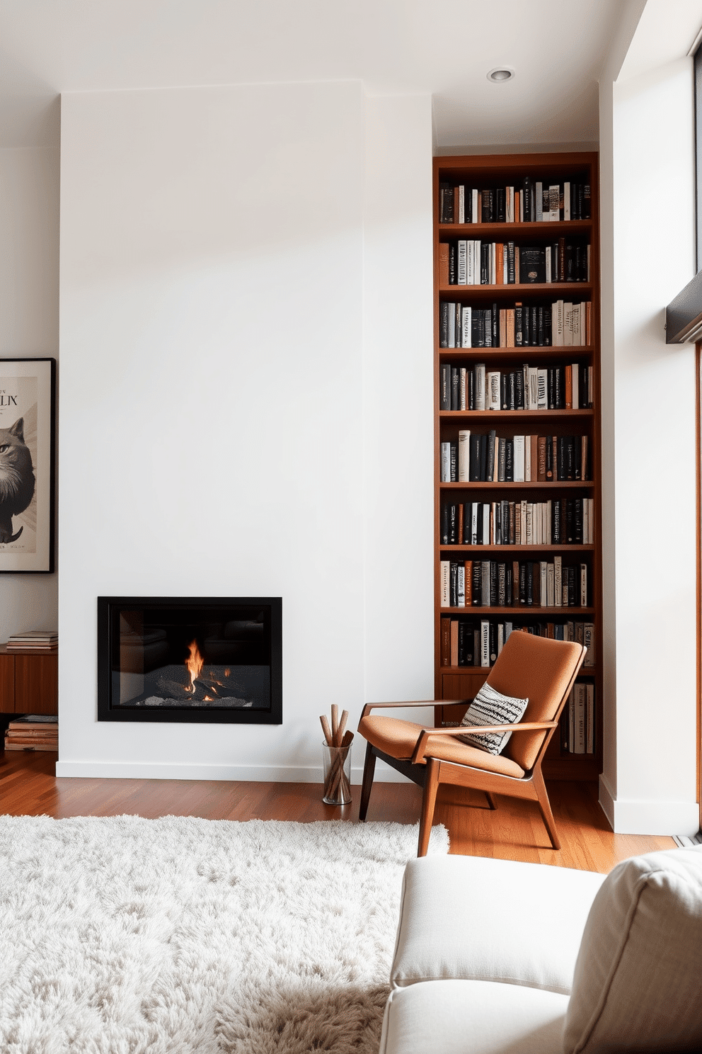 A serene minimalist living room features a sleek, modern fireplace set into a clean white wall. The space is adorned with a few carefully selected pieces of art and a plush, neutral-toned rug that anchors the seating area. The home library exudes warmth with rich wooden bookshelves lining the walls, showcasing an extensive collection of books. A cozy reading nook is created with a comfortable armchair positioned next to a stylish fireplace, inviting relaxation and contemplation.