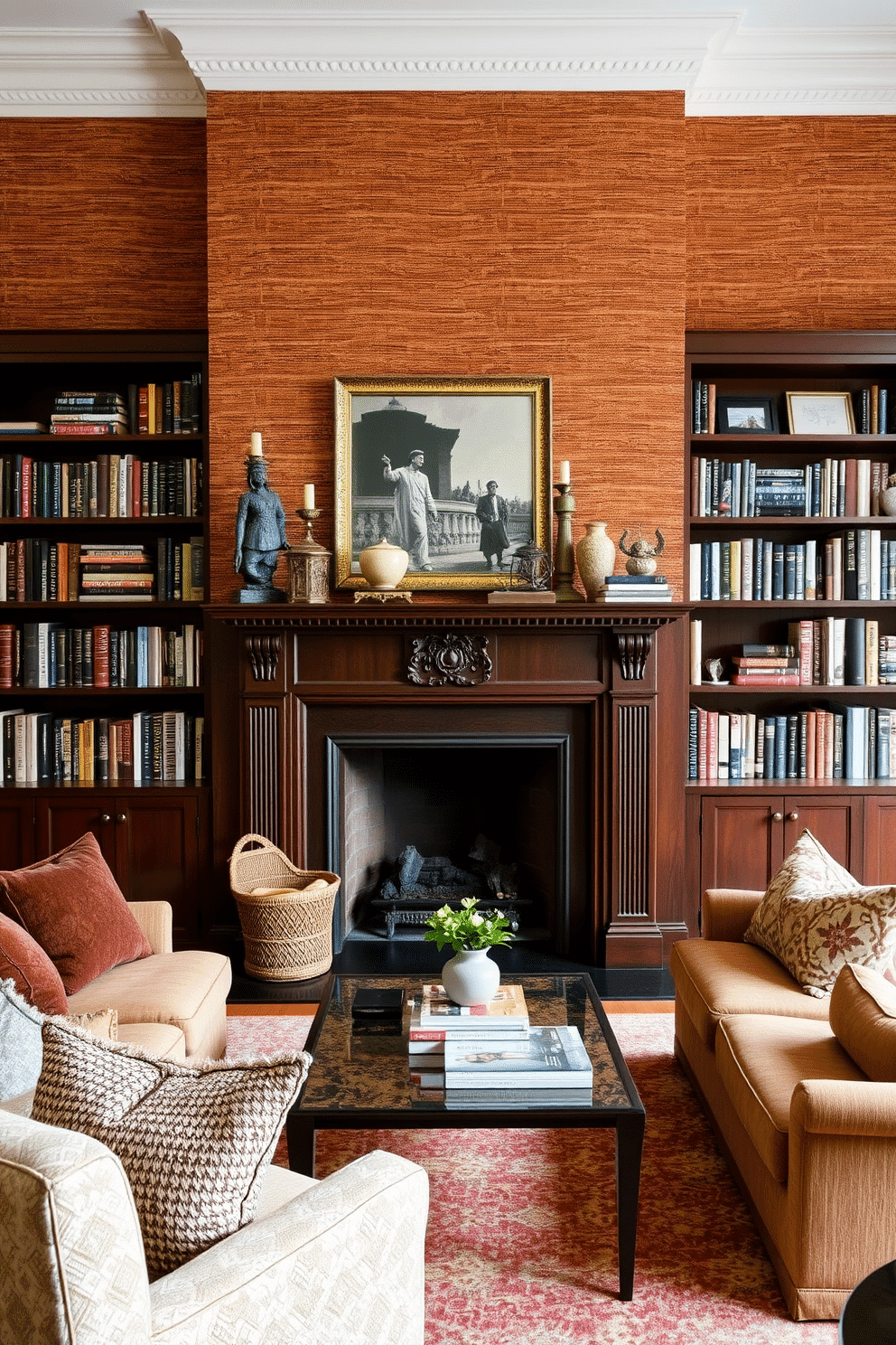 A cozy home library featuring a textured wall treatment behind the fireplace. The wall is adorned with a rich, tactile material, creating a warm backdrop for the elegant mantelpiece, which is decorated with books and personal artifacts. The fireplace itself is framed by built-in bookshelves filled with an eclectic mix of literature and decorative items. Plush seating in inviting fabrics is arranged around a central coffee table, offering a perfect spot for reading and relaxation.