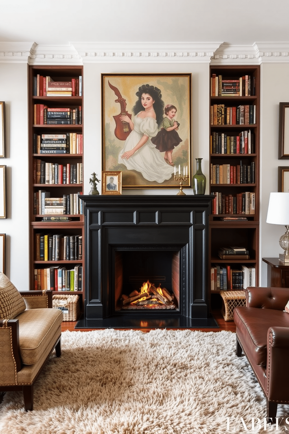 A cozy home library featuring a stunning fireplace as the focal point. The walls are adorned with artistic wall art that enhances the library theme, showcasing a mix of classic and contemporary styles. The fireplace is framed by built-in bookshelves filled with an eclectic collection of books and decorative items. A plush area rug lies beneath a comfortable seating arrangement, inviting readers to relax and enjoy the warmth of the fire.