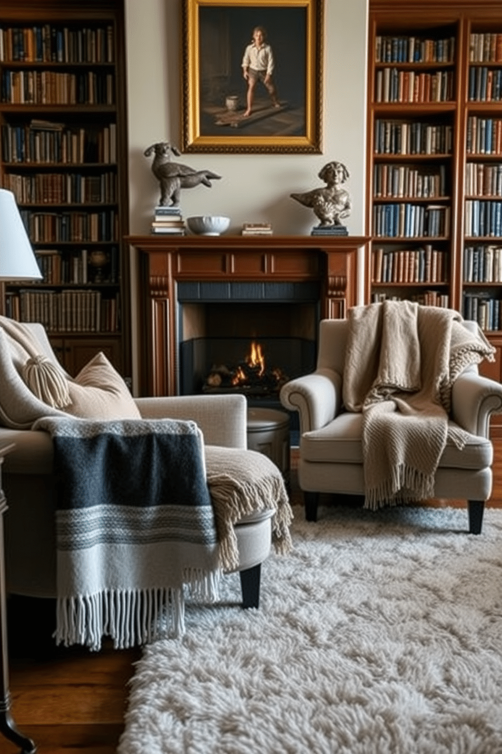 Cozy throw blankets draped over chairs create an inviting atmosphere, enhancing the comfort of the space. The chairs are upholstered in soft, neutral fabrics, while the blankets feature a mix of textures and warm colors, inviting relaxation. The home library exudes warmth with a classic fireplace as its centerpiece. Rich wooden bookshelves line the walls, filled with an array of books, and a plush area rug anchors the seating arrangement, inviting quiet reading moments.