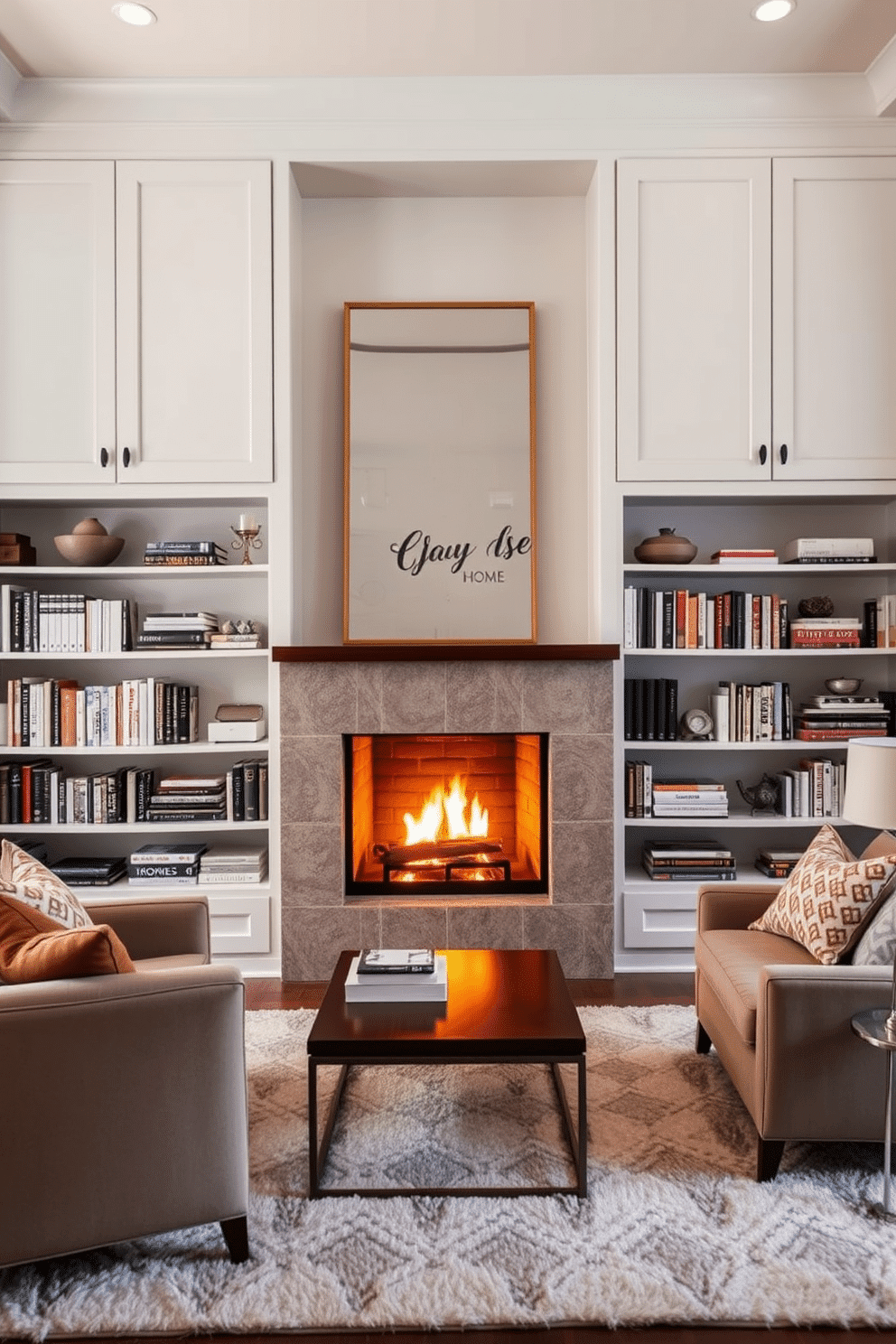 A cozy home library featuring a combination of open and closed shelving. The open shelves display a curated collection of books and decorative items, while the closed shelving provides a sleek, minimalist look for storage. A warm fireplace serves as the focal point of the room, framed by built-in cabinetry that complements the shelving. Plush seating arrangements invite relaxation, with a soft area rug anchoring the space and adding texture to the design.