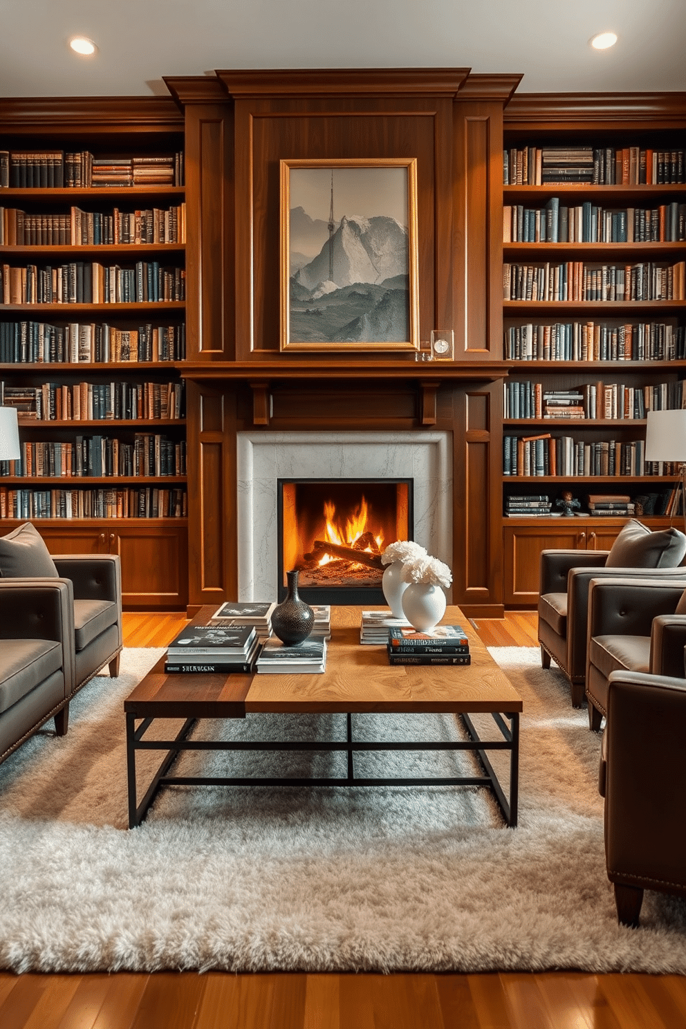 A stylish coffee table sits elegantly in front of a cozy fireplace, surrounded by plush armchairs and a soft area rug. The table features a mix of natural wood and metal accents, adorned with a few carefully curated books and decorative objects. The home library is designed with rich wooden bookshelves that reach the ceiling, filled with an extensive collection of books. A warm, inviting fireplace adds a focal point to the room, complemented by comfortable seating and soft lighting for a perfect reading nook.