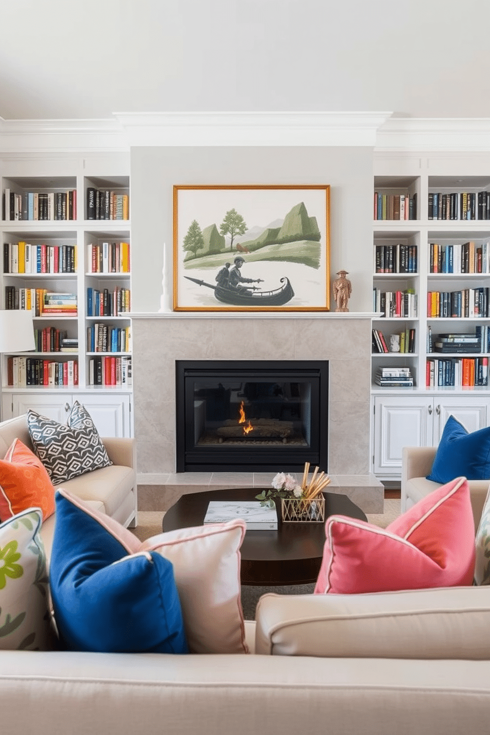 Colorful accent pillows on a neutral sofa. The sofa is positioned against a light gray wall, creating a cozy and inviting atmosphere. Home library with fireplace design ideas. The library features built-in bookshelves filled with books, and a modern fireplace serves as the focal point, surrounded by comfortable seating.