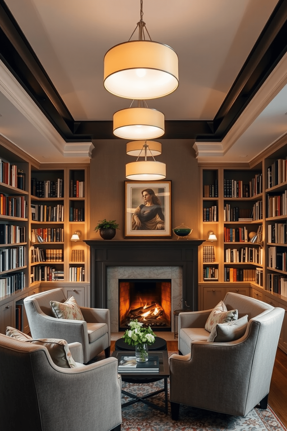 Layered lighting creates a warm and inviting atmosphere in a home library. Soft pendant lights hang from the ceiling, complemented by adjustable wall sconces that provide focused illumination for reading. The library features a cozy fireplace as a focal point, surrounded by built-in bookshelves filled with an eclectic collection of books. Plush armchairs are arranged around a small coffee table, creating an intimate nook for relaxation and conversation.