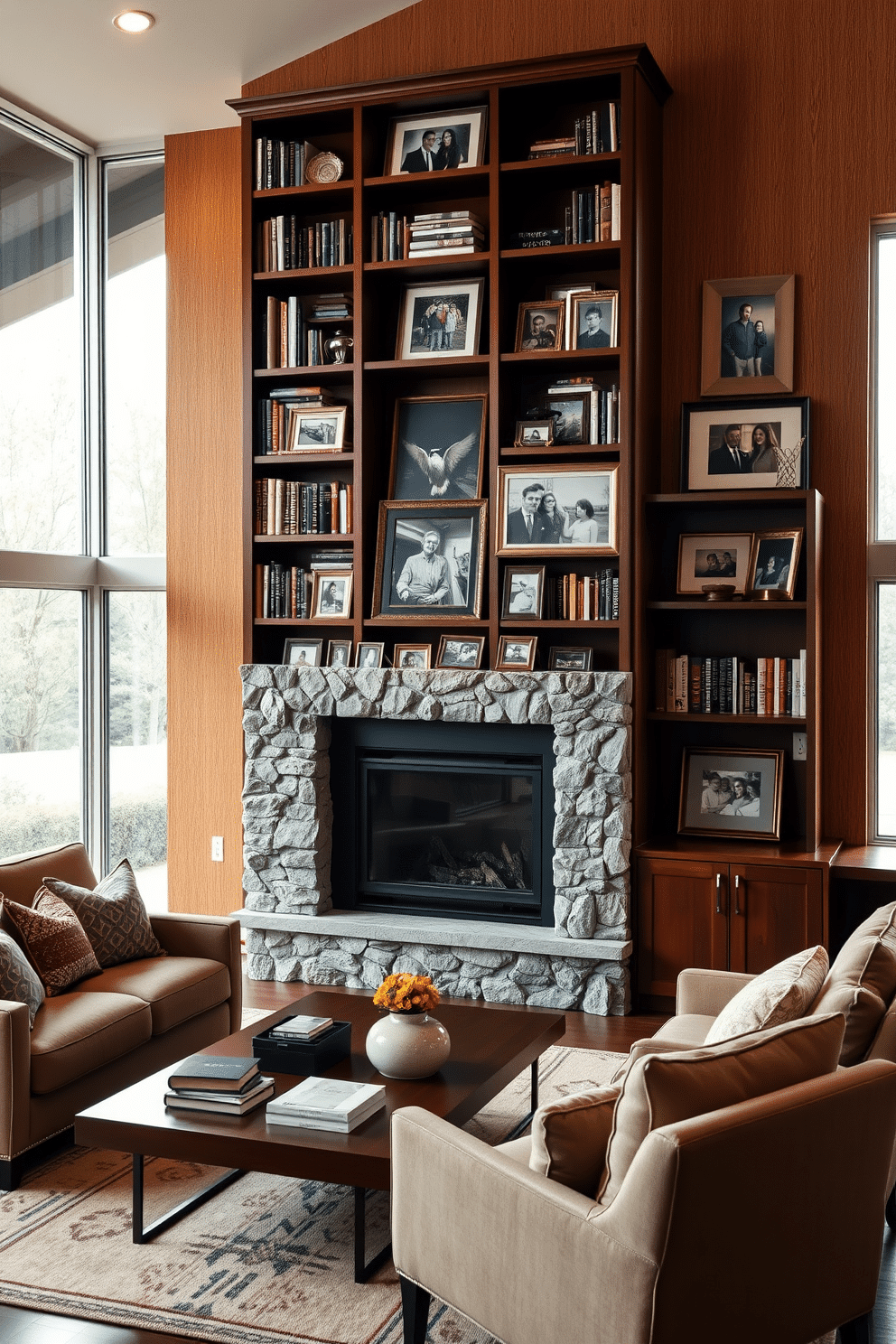 A personalized bookshelf filled with family photos stands against a warm, textured wall. The shelves are crafted from rich mahogany, showcasing not only books but also cherished memories in elegant frames. The home library features a cozy fireplace with a modern stone surround, creating an inviting atmosphere. Plush seating is arranged around a low coffee table, and large windows allow natural light to flood the space, highlighting the warm tones of the decor.