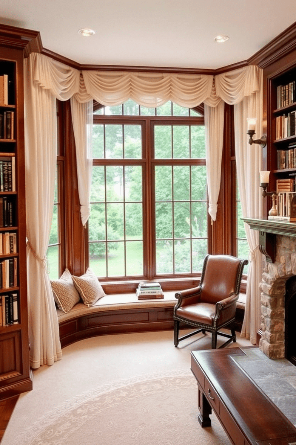 Charming window treatments enhancing the view: Elegant sheer curtains frame a large bay window, allowing natural light to flood the room while offering a soft, airy feel. The window seat below is adorned with plush cushions, creating a cozy nook that invites relaxation and offers a picturesque view of the garden outside. Home Library with Fireplace Design Ideas: A warm, inviting library features rich mahogany bookshelves filled with an array of books, complemented by a comfortable leather armchair positioned near a classic stone fireplace. Soft, ambient lighting from vintage sconces illuminates the space, creating an atmosphere perfect for reading and contemplation.