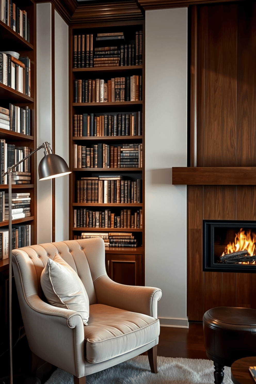 Elegant reading corner with plush cushions. A cozy armchair upholstered in soft velvet is positioned next to a sleek, modern floor lamp. Surrounding the chair are shelves filled with an eclectic mix of books and decorative items, creating an inviting atmosphere. Home library with fireplace design ideas. A grand bookshelf spans one wall, filled with leather-bound volumes, while a contemporary fireplace adds warmth to the space. Soft, ambient lighting enhances the rich wood tones of the furniture, creating a perfect retreat for reading and relaxation.