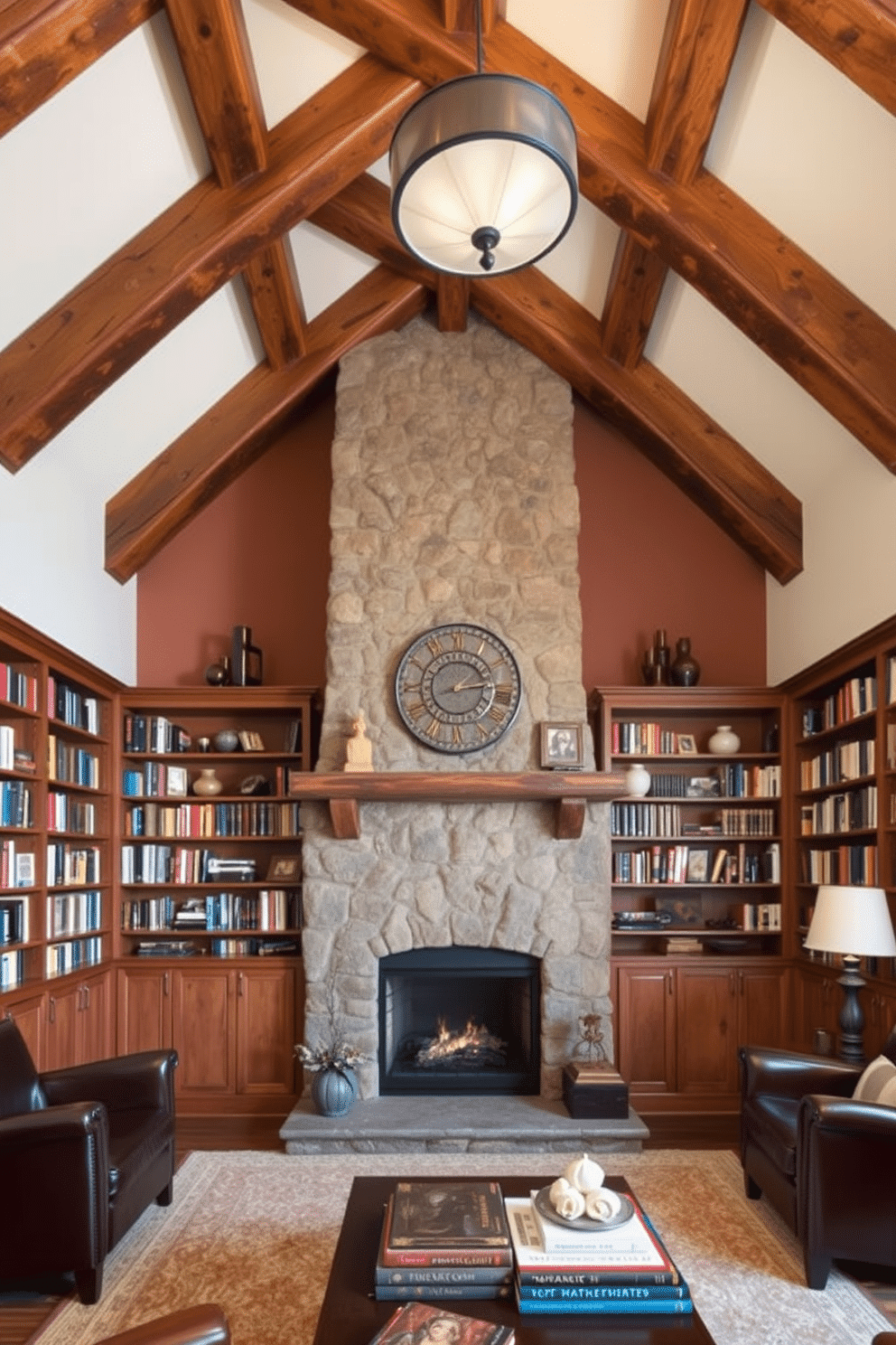 A cozy home library featuring rustic wooden beams that add warmth and character to the space. The focal point is a grand stone fireplace, surrounded by built-in bookshelves filled with an eclectic collection of books and decorative items.