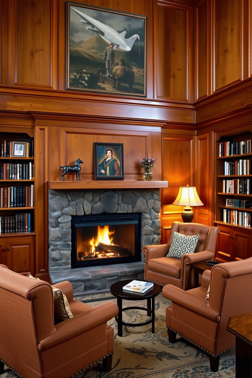 A cozy home library featuring warm wood paneling that envelops the space, creating an inviting atmosphere. A crackling fire in a stone fireplace adds a touch of warmth, while plush armchairs are positioned nearby for comfortable reading.