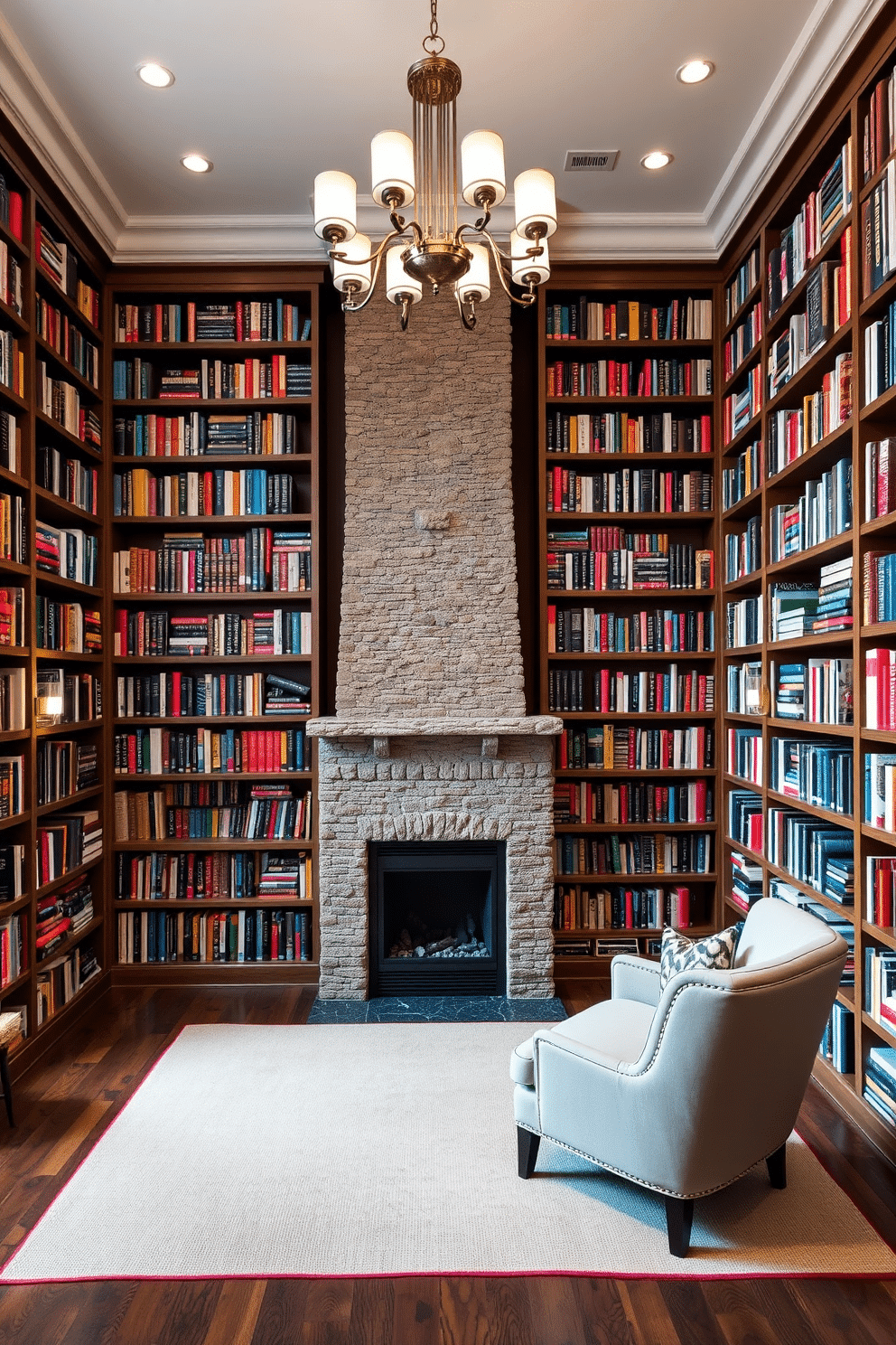 A cozy home library features floor-to-ceiling bookshelves filled with an extensive collection of books, arranged by color for a visually striking effect. A stylish wooden ladder leans against the shelves, providing access to the higher shelves, while a plush armchair sits nearby, inviting readers to relax. In the center of the room, a modern fireplace adds warmth and ambiance, framed by elegant stonework that complements the overall design. Soft lighting from sconces and a central chandelier creates a welcoming atmosphere, perfect for quiet reading or entertaining guests.