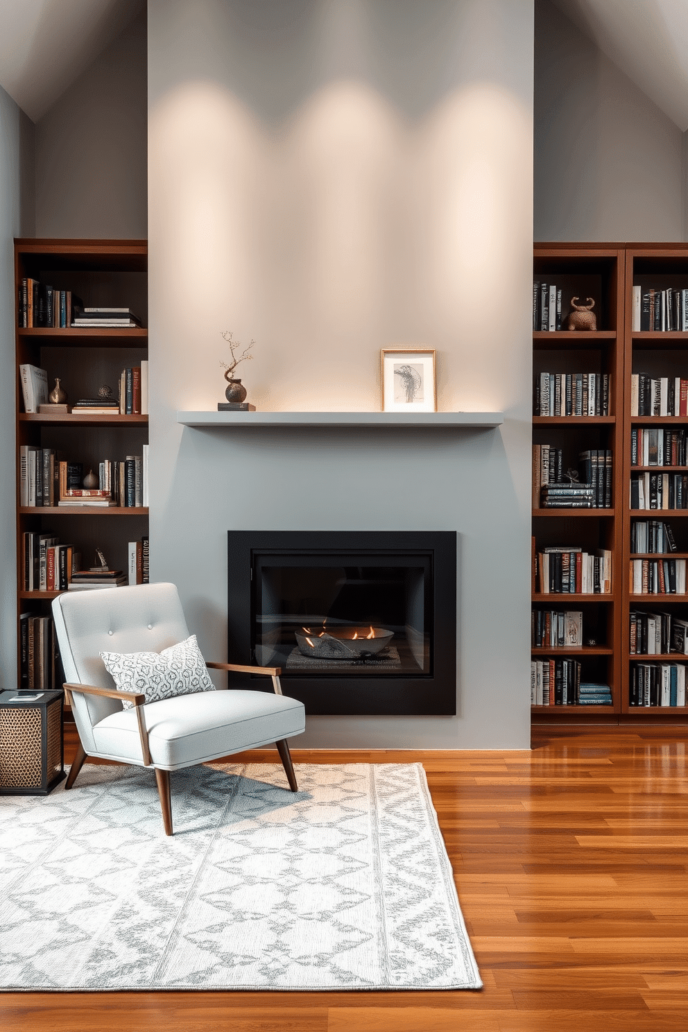 A modern fireplace with a sleek glass surround is the centerpiece of the room, creating a warm and inviting atmosphere. The fireplace is framed by minimalist shelving, showcasing an array of books and decorative items, while the walls are painted in a soft gray to enhance the contemporary feel. The home library features a cozy reading nook with a plush armchair positioned near the fireplace, inviting relaxation. Rich wooden bookshelves line the walls, filled with an eclectic mix of literature, and a stylish area rug adds warmth to the polished hardwood floor.