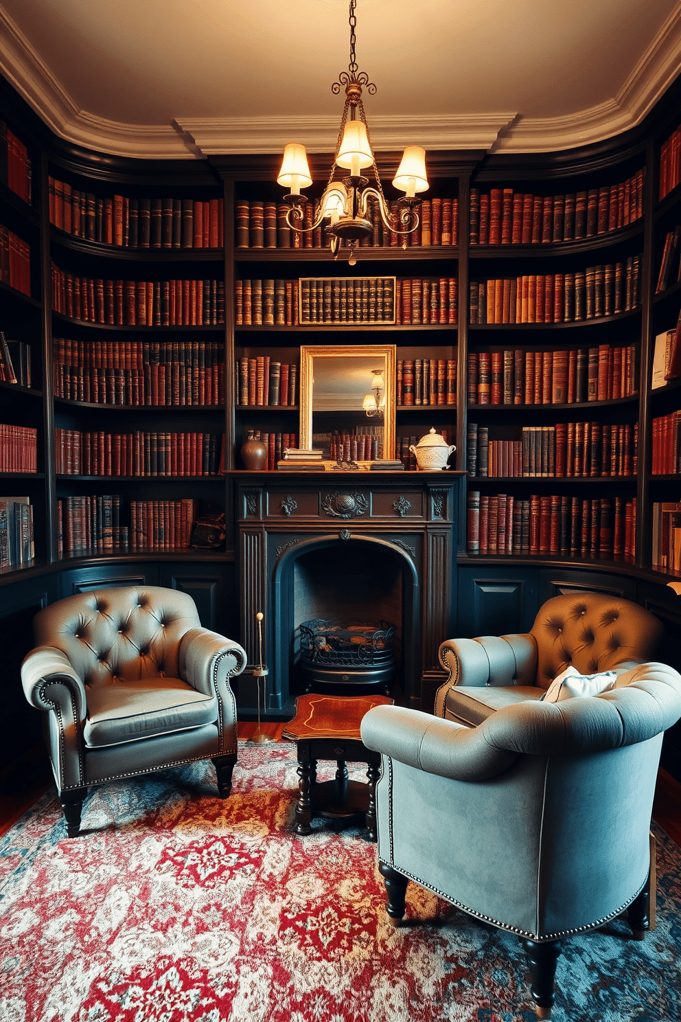 A cozy home library featuring vintage decor, with an antique fireplace as the focal point. The walls are lined with dark wooden bookshelves filled with leather-bound books, and a plush, patterned area rug covers the hardwood floor. In front of the fireplace, a pair of tufted armchairs are positioned for reading, complemented by a small wooden side table. Soft, warm lighting from a vintage chandelier casts a welcoming glow, enhancing the room's nostalgic charm.