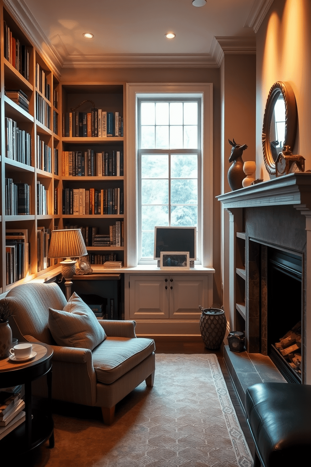 A warm and inviting home library features a plush armchair nestled in a corner, bathed in soft, ambient lighting. A built-in bookshelf lines the walls, filled with an eclectic collection of books and decorative items, while a crackling fireplace adds a touch of comfort and elegance to the space.