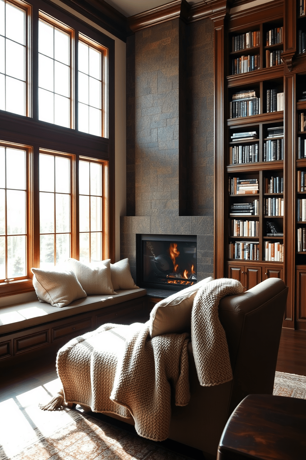 A cozy window seat adorned with plush cushions and soft, textured blankets invites relaxation. Sunlight streams in through the large window, illuminating the space and highlighting the warm wood tones of the surrounding trim. The home library features a stunning fireplace as its focal point, surrounded by custom-built bookshelves filled with a curated selection of books. Rich, dark wood finishes and comfortable seating create an inviting atmosphere for reading and reflection.