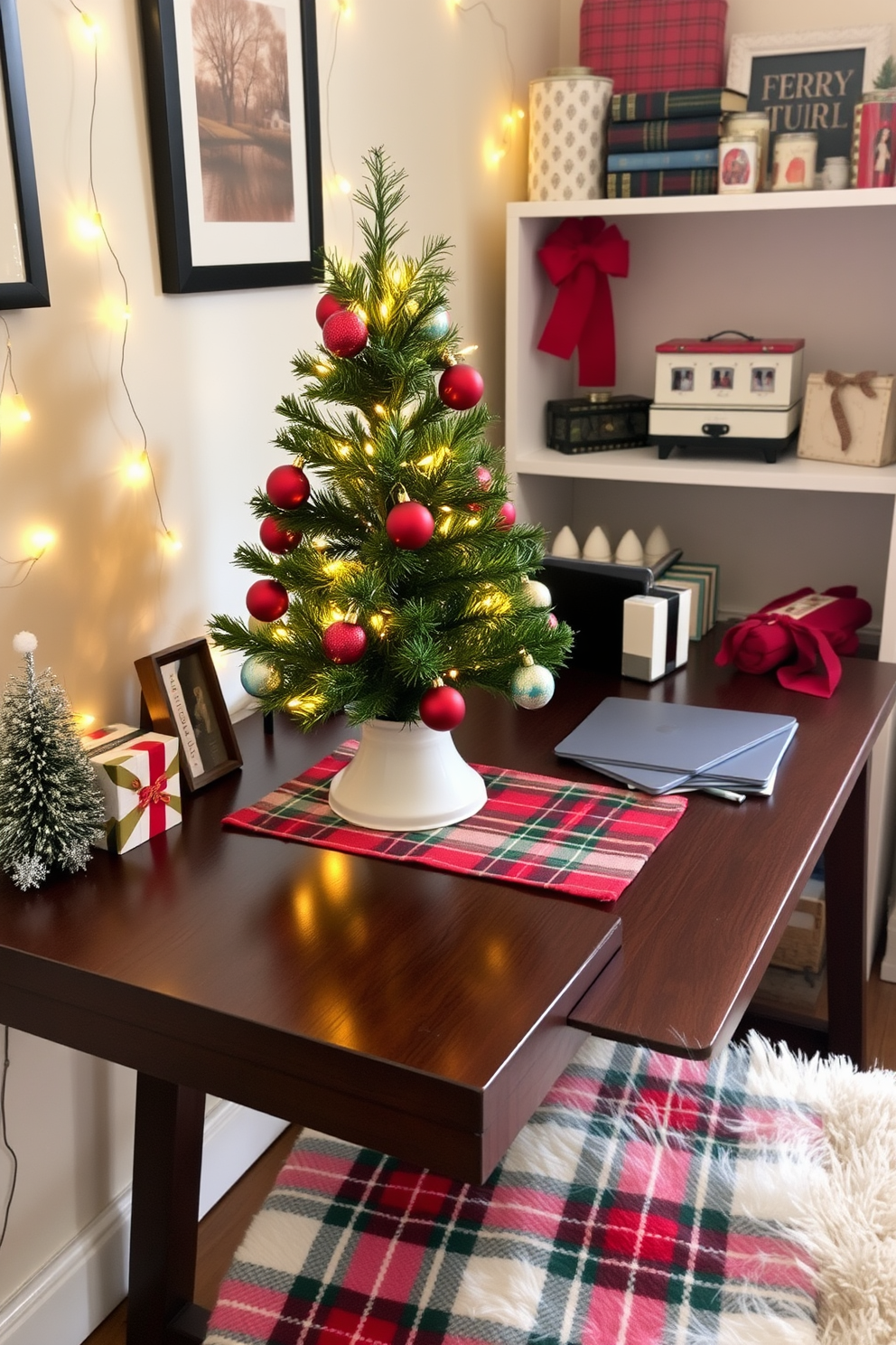 A festive home office desk adorned with a charming mini Christmas tree, twinkling fairy lights, and colorful ornaments. The desk is made of dark wood, complemented by a cozy, red and green plaid runner that adds a touch of holiday spirit.