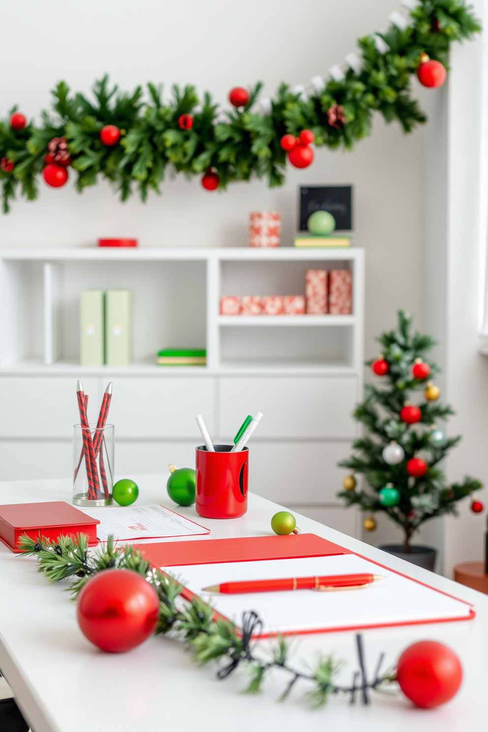 A vibrant home office featuring a sleek desk adorned with red and green desk accessories, including a stylish pen holder, notepad, and decorative ornaments. The backdrop showcases a festive garland draped along the desk's edge, complemented by a small Christmas tree on the side, creating a cheerful and productive workspace atmosphere.