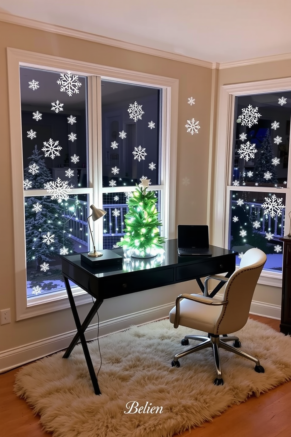 A cozy home office adorned with snowflake window clings that catch the winter light, creating a whimsical atmosphere. The desk is elegantly arranged with a festive centerpiece, featuring a small evergreen tree and twinkling fairy lights. The walls are painted in a soft, neutral tone, complementing the white snowflakes that dance across the windows. A plush, warm rug underfoot adds comfort, while a stylish chair invites creativity and productivity during the holiday season.