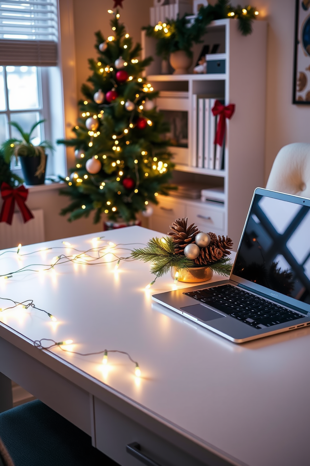 A cozy home office adorned for Christmas with string lights elegantly draped along the desk edge, casting a warm glow. The desk is clutter-free, featuring a stylish laptop and a festive centerpiece of pinecones and small ornaments, enhancing the holiday spirit.