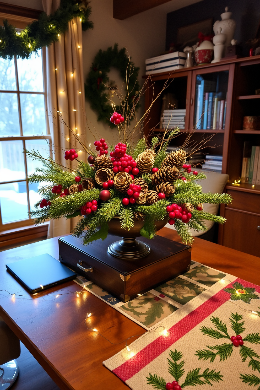 A rustic home office setting adorned for Christmas. A beautifully arranged centerpiece featuring pinecones and red berries sits on a wooden desk, surrounded by twinkling fairy lights and a festive runner.